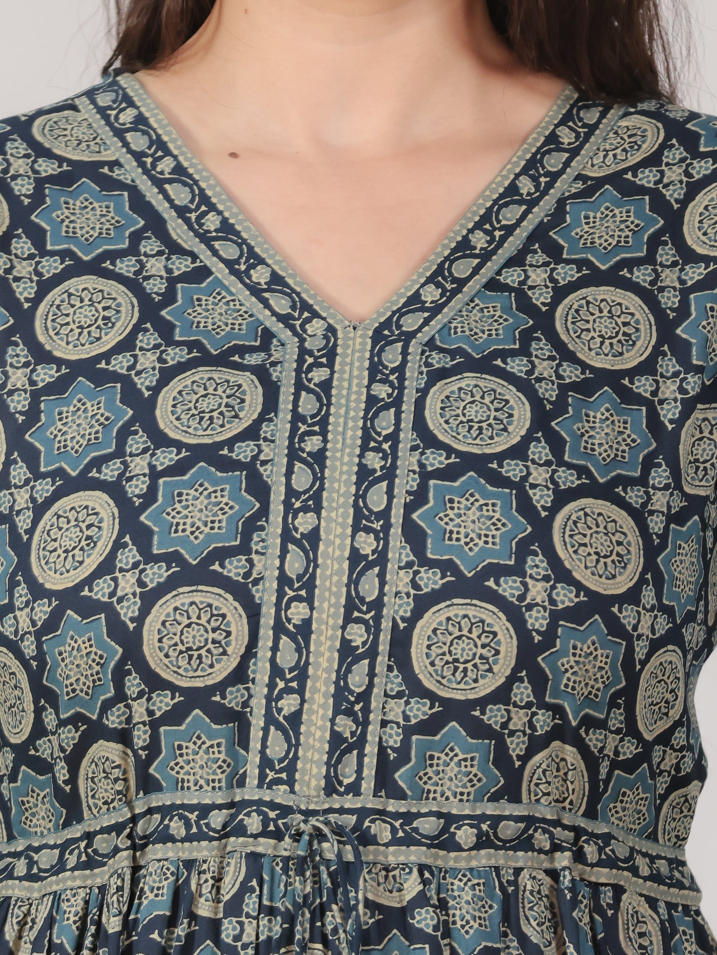Soft Cotton Geometric Anarkali Blue Dress