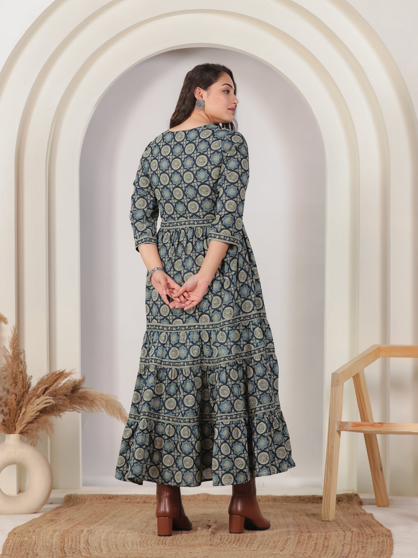 Soft Cotton Geometric Anarkali Blue Dress