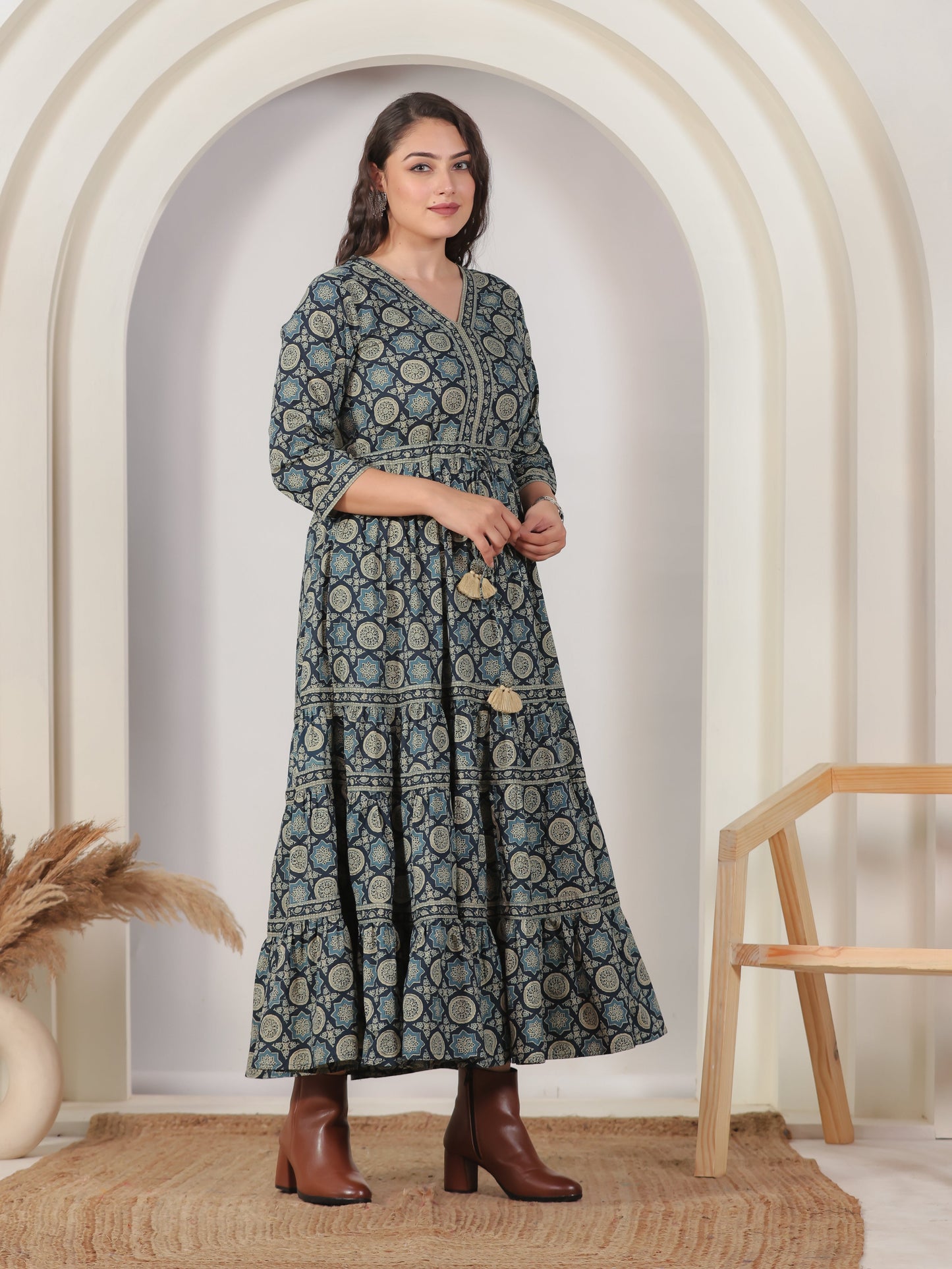 Soft Cotton Geometric Anarkali Blue Dress