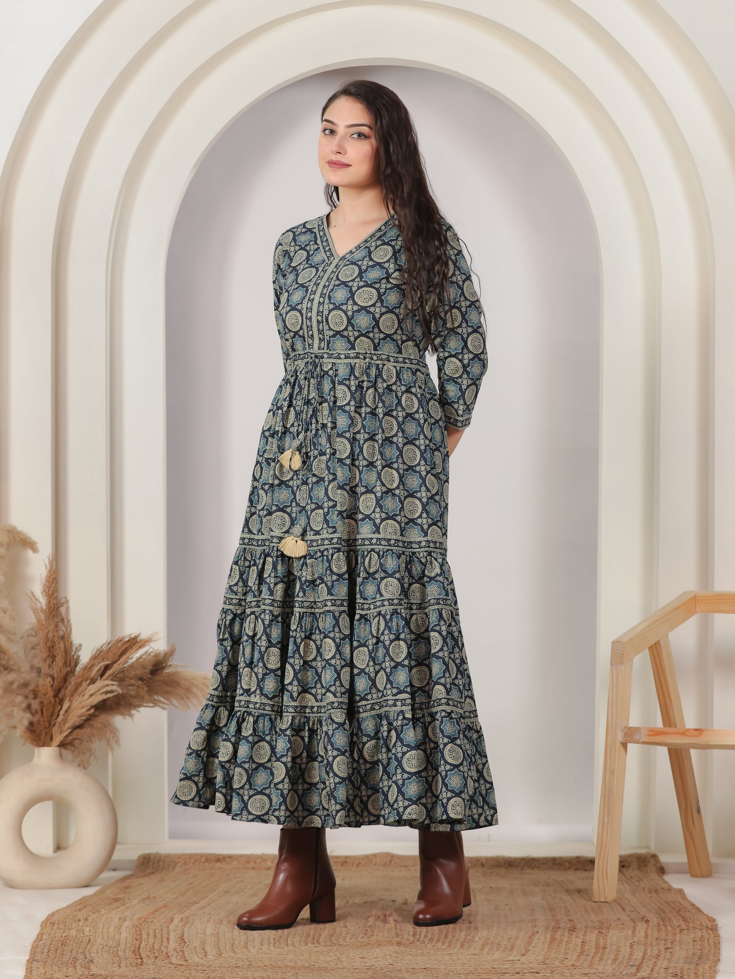 Soft Cotton Geometric Anarkali Blue Dress