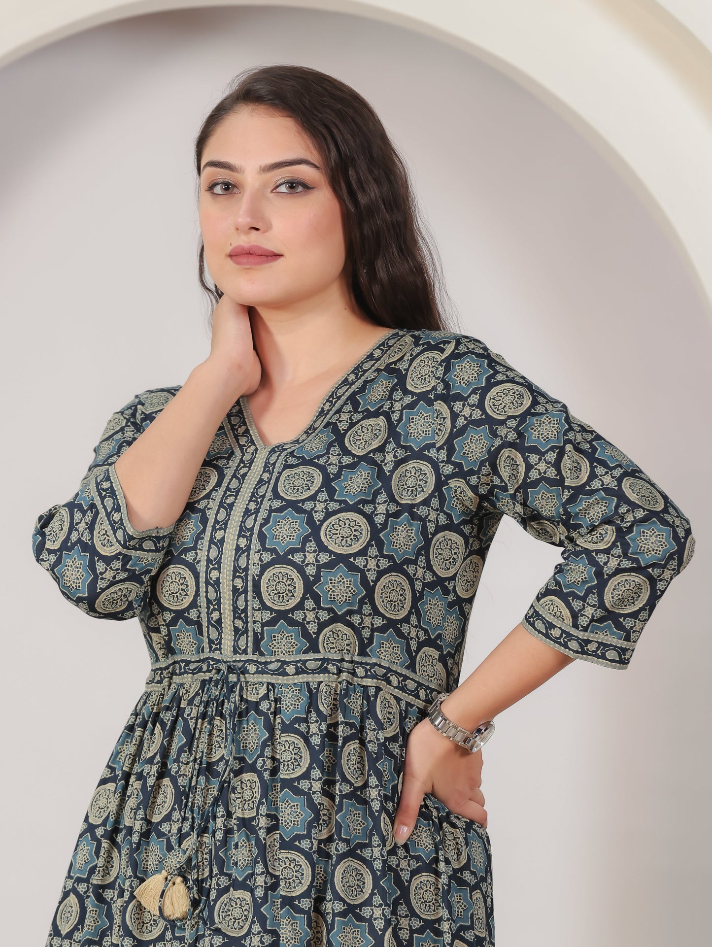 Soft Cotton Geometric Anarkali Blue Dress