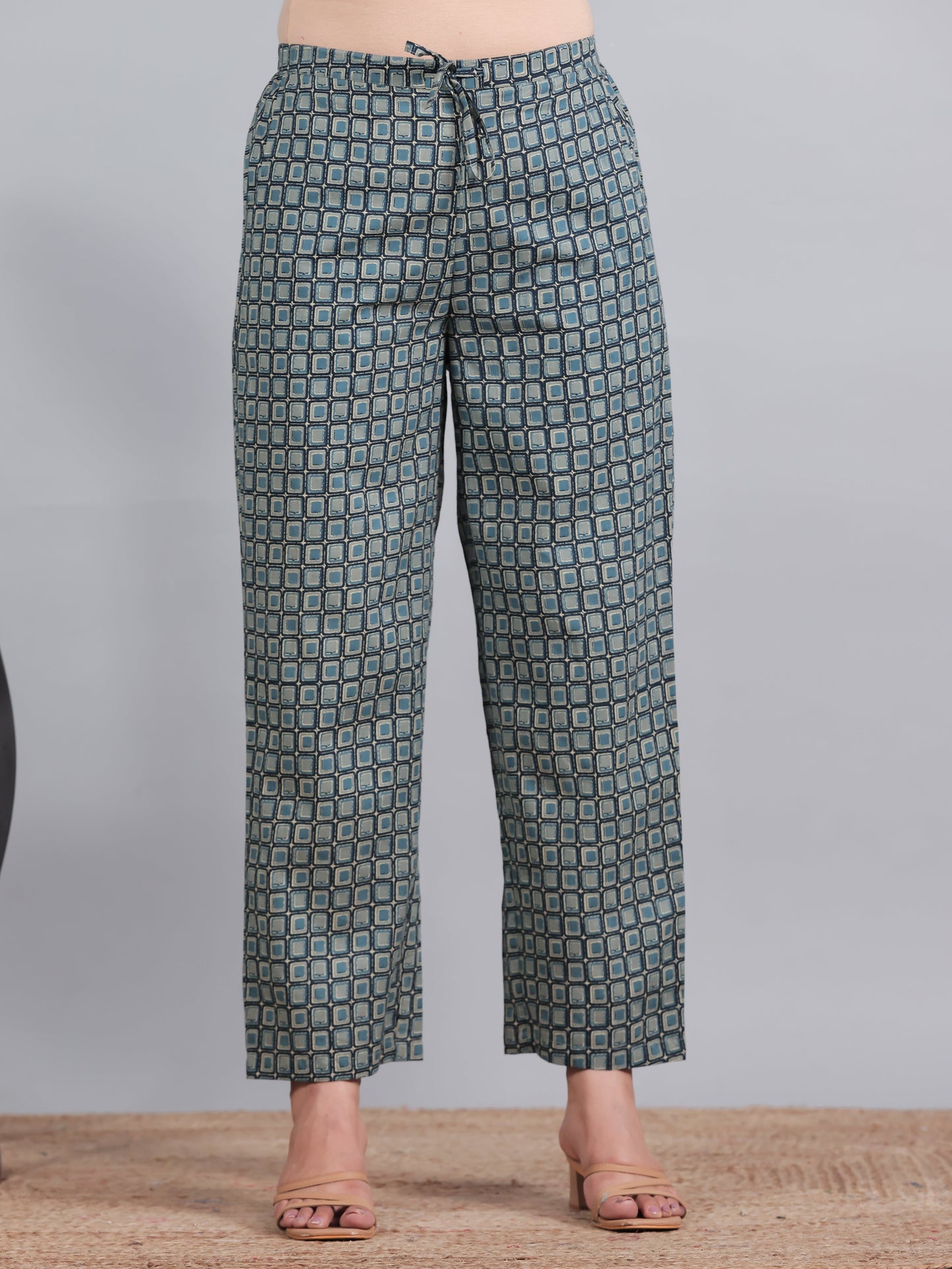 Soft Cotton Geometric Blue Straight Trousers