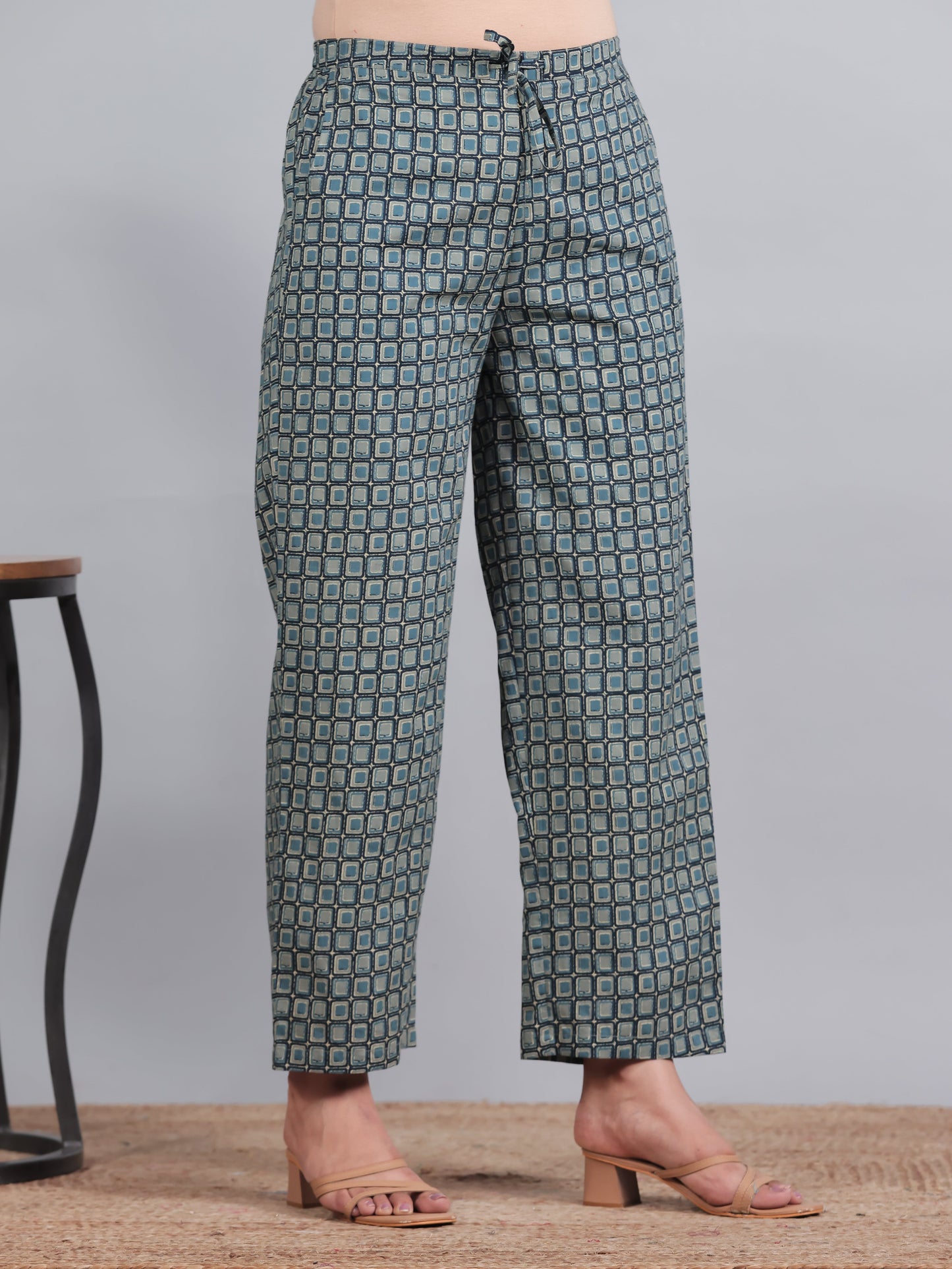 Soft Cotton Geometric Blue Straight Trousers