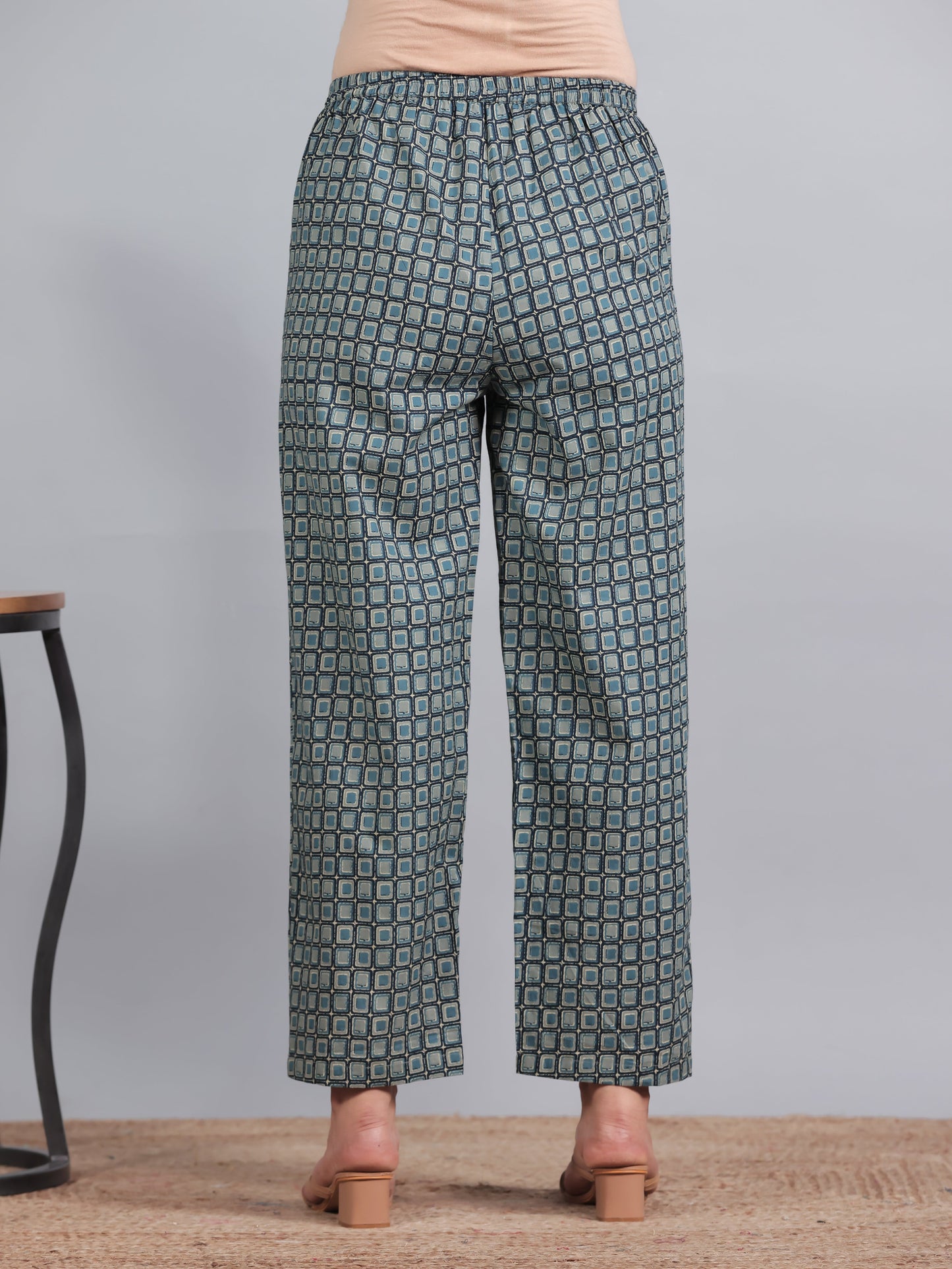 Soft Cotton Geometric Blue Straight Trousers
