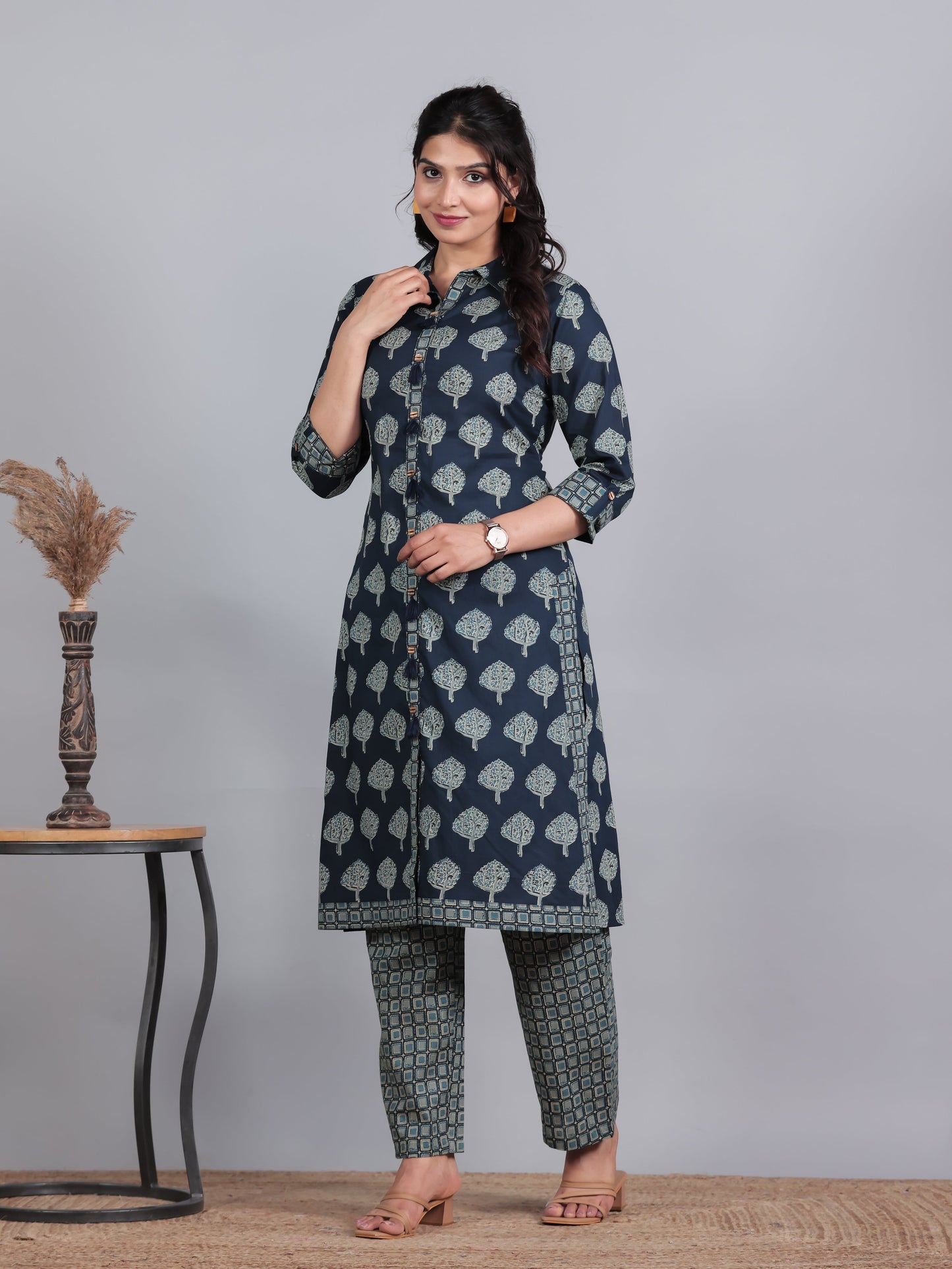 Soft Cotton Floral High Low Blue Kurta