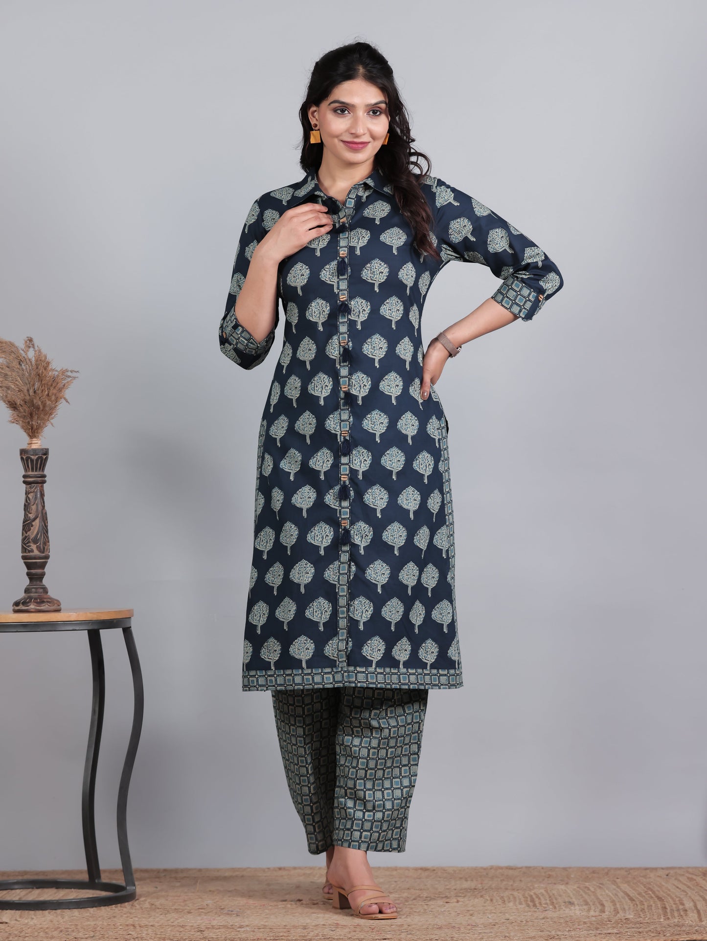 Soft Cotton Floral High Low Blue Kurta