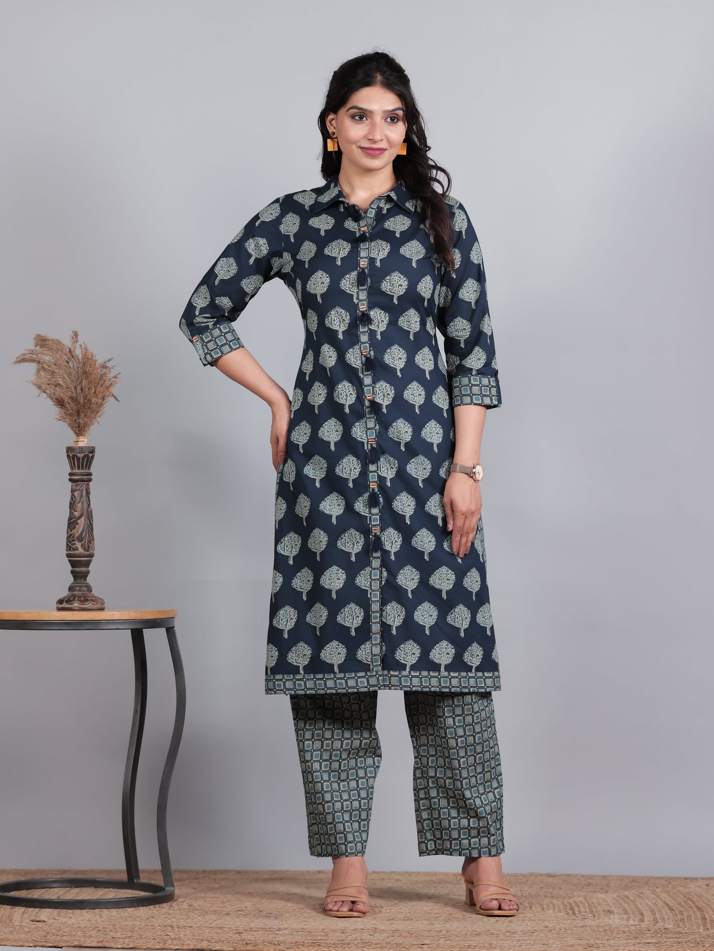 Soft Cotton Floral High Low Blue Kurta