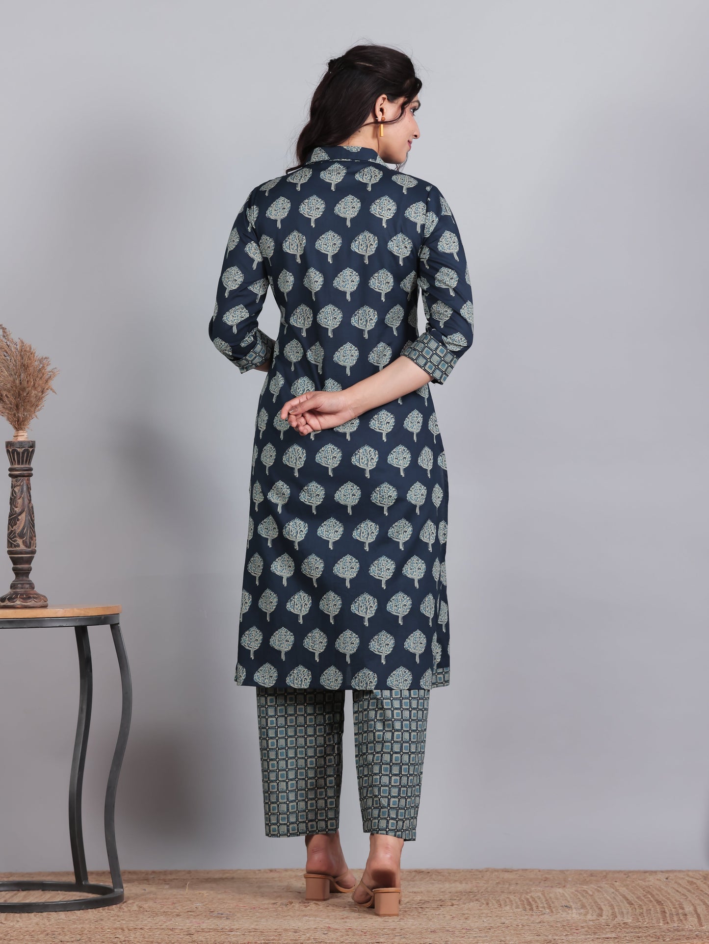 Soft Cotton Floral High Low Blue Kurta