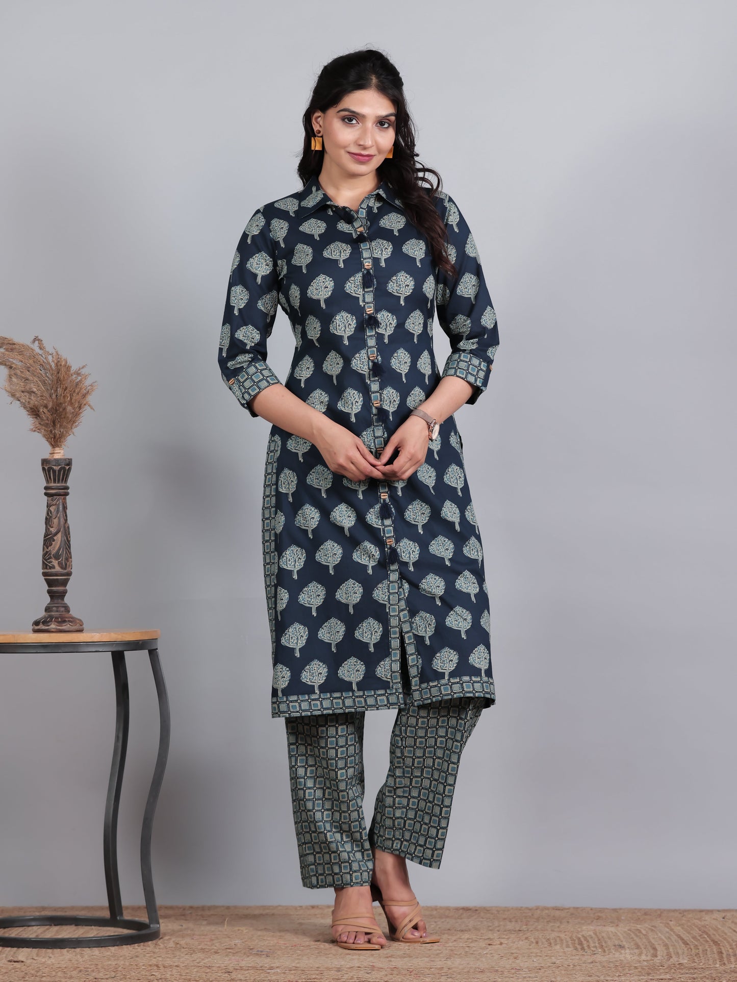 Soft Cotton Floral High Low Blue Kurta