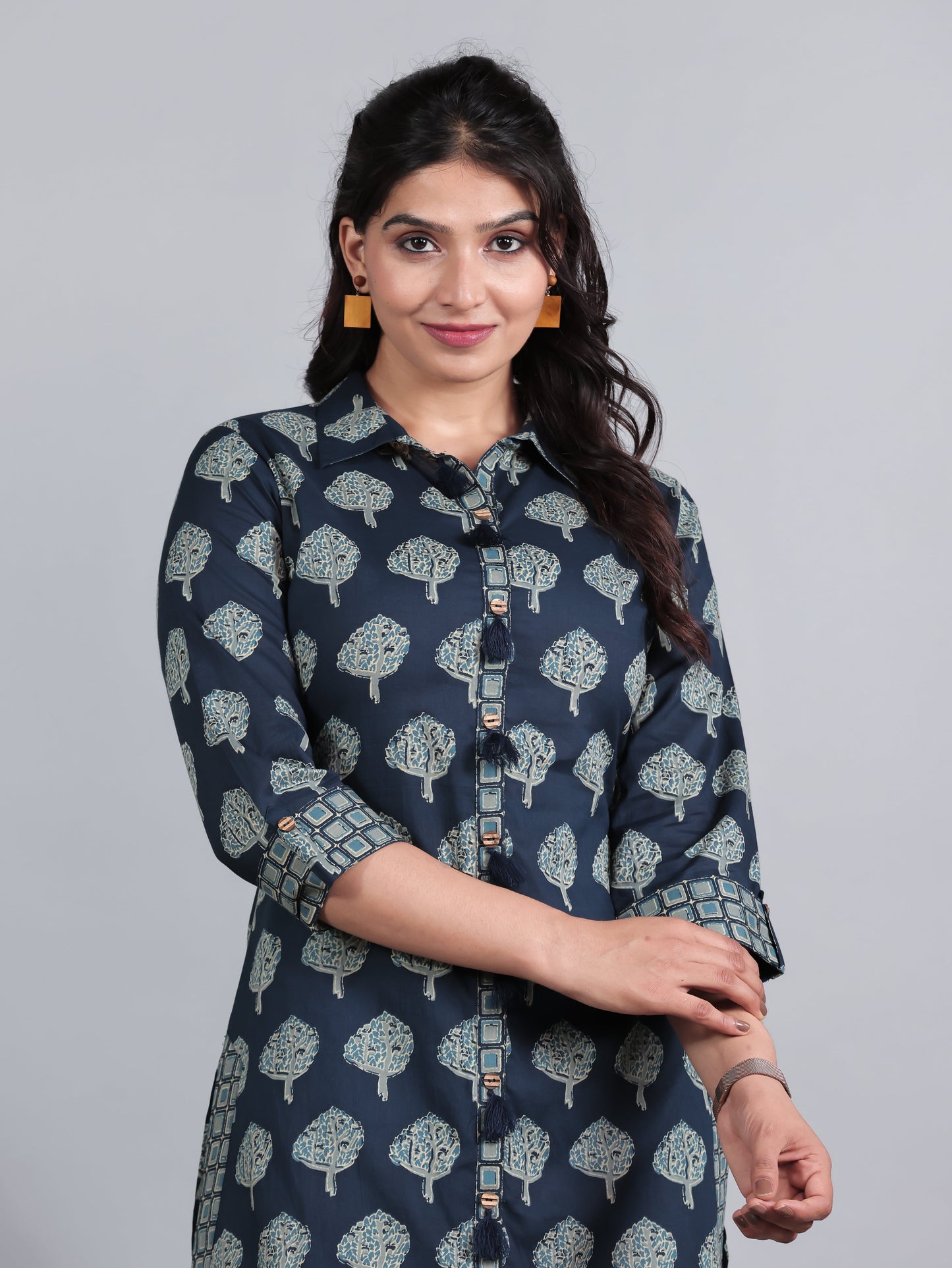 Soft Cotton Floral High Low Blue Kurta