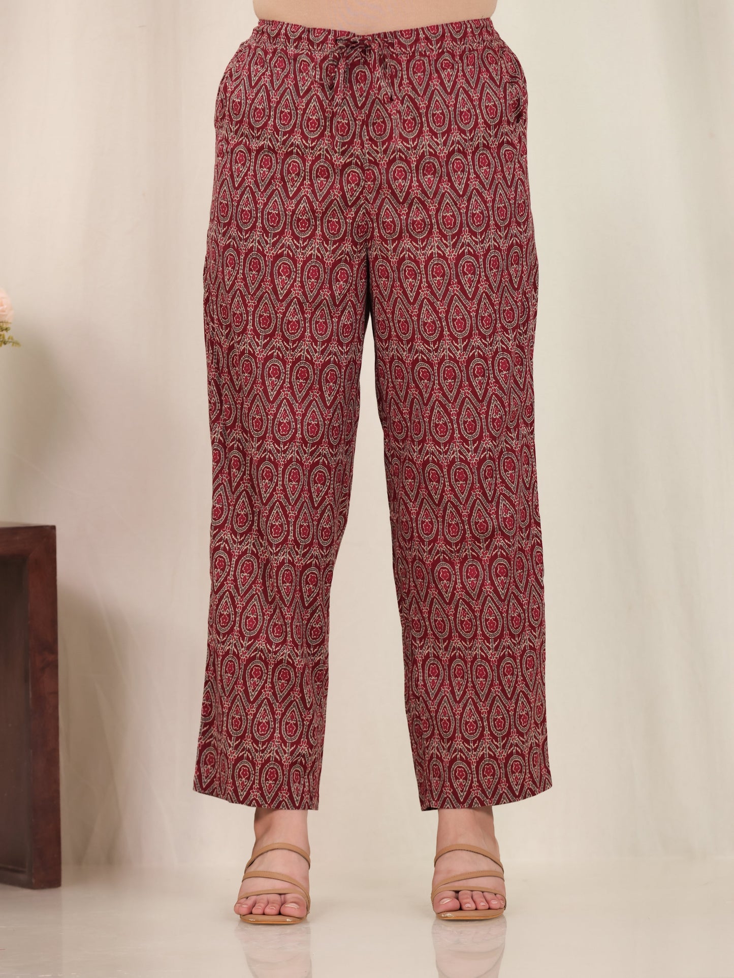 Soft Cotton Geometric Rust Straight Straight Trousers