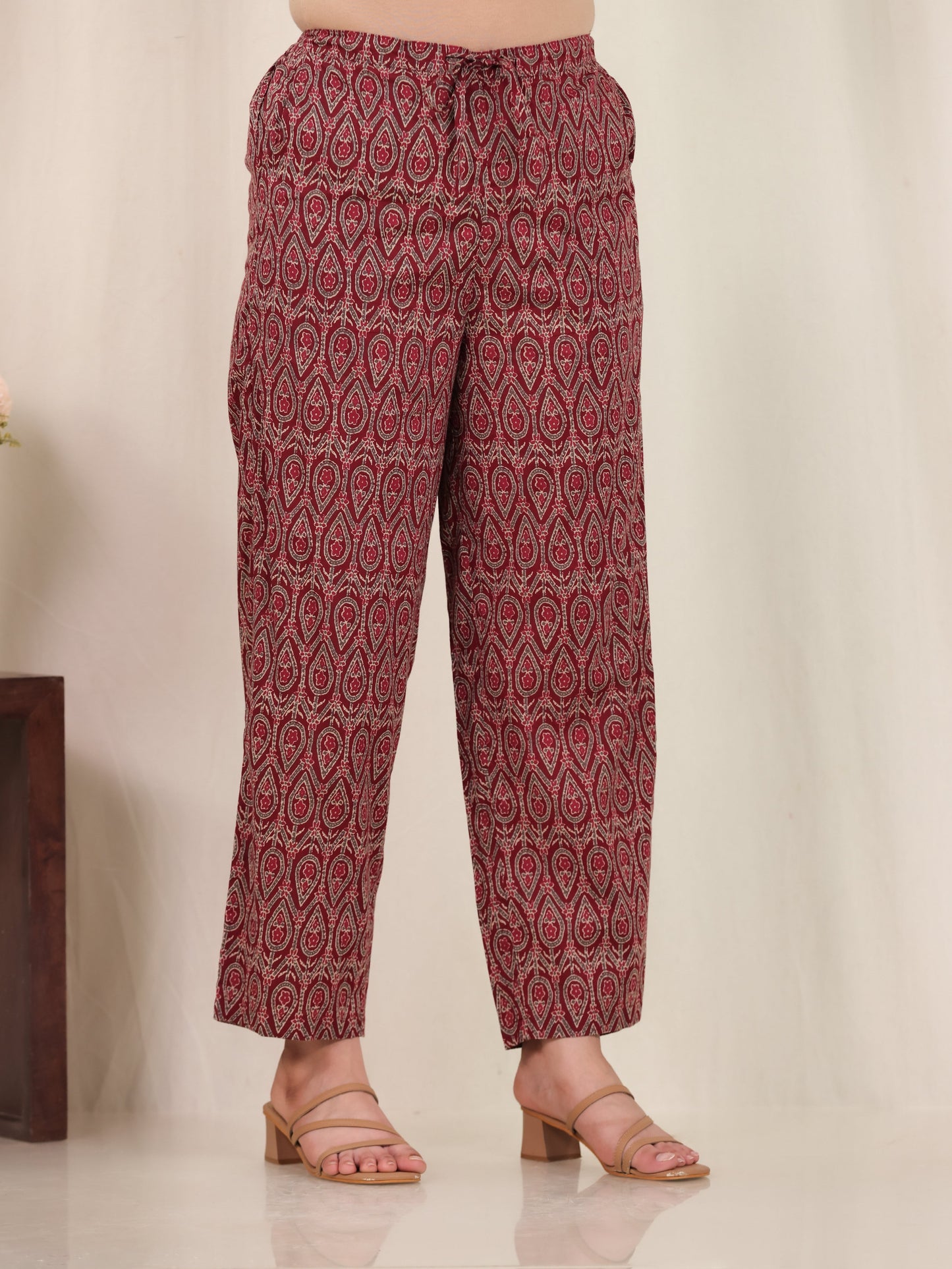 Soft Cotton Geometric Rust Straight Straight Trousers