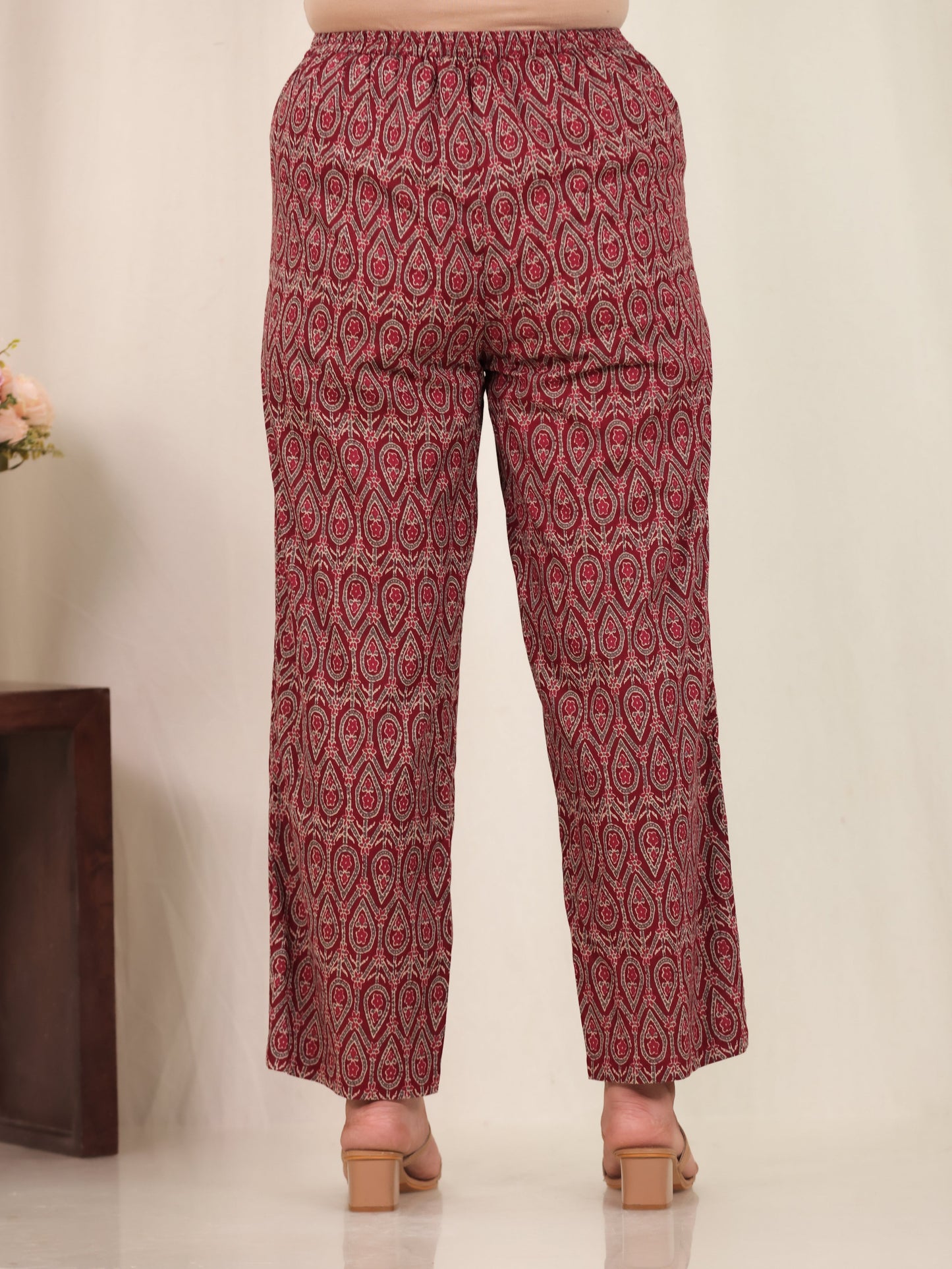 Soft Cotton Geometric Rust Straight Straight Trousers