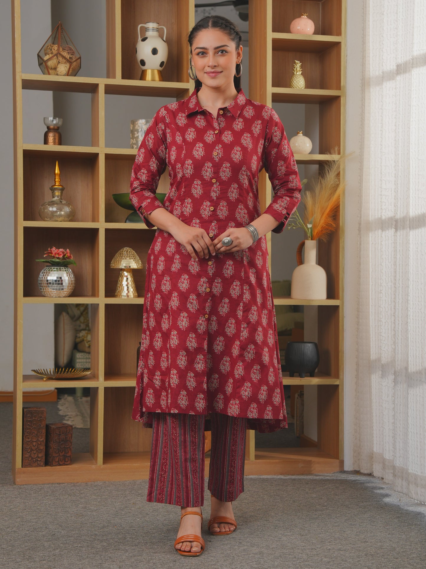 Soft Cotton Butta High Low Rust Kurta