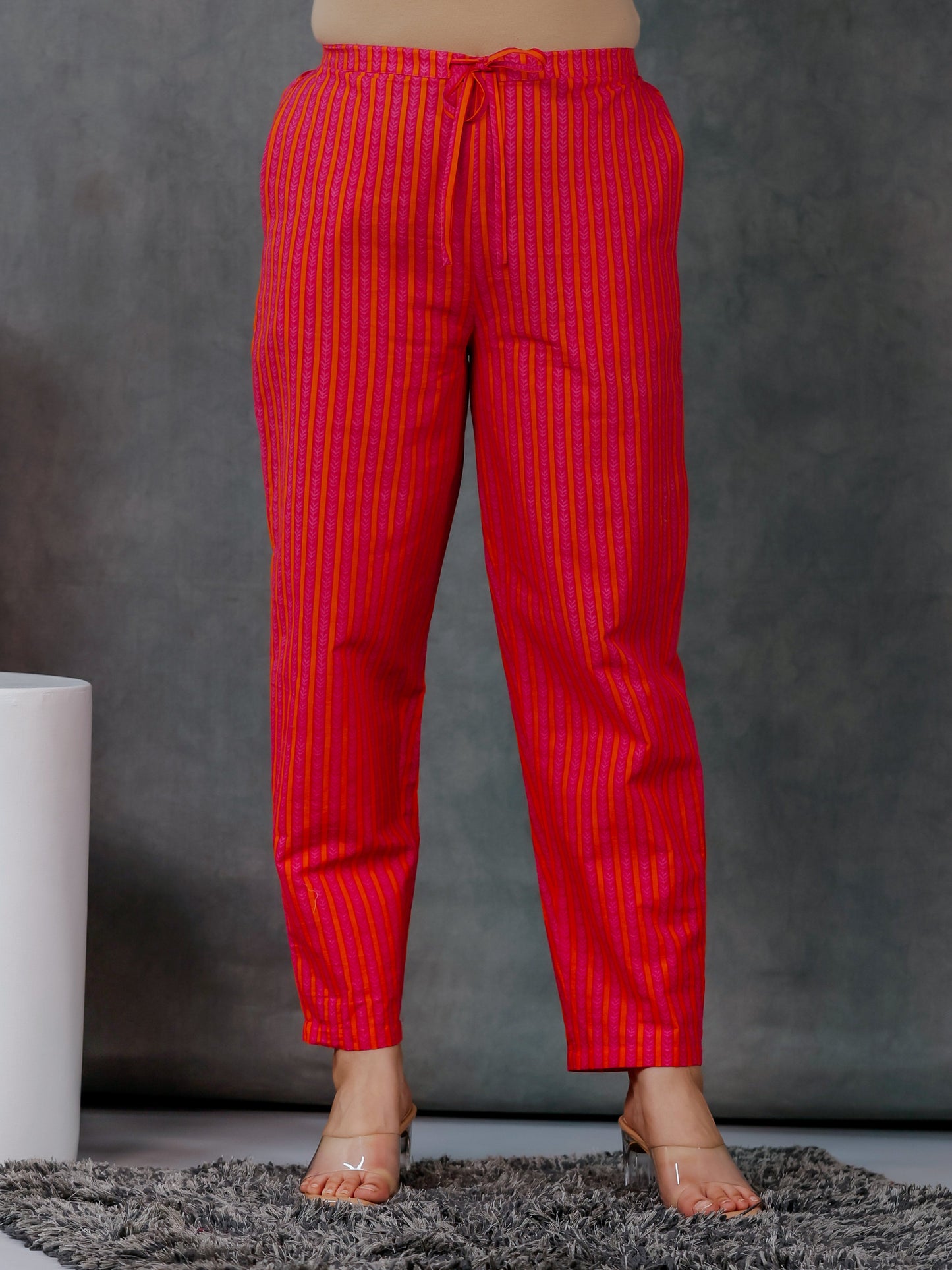 Soft Cotton Geometric Pink Tapered Trousers