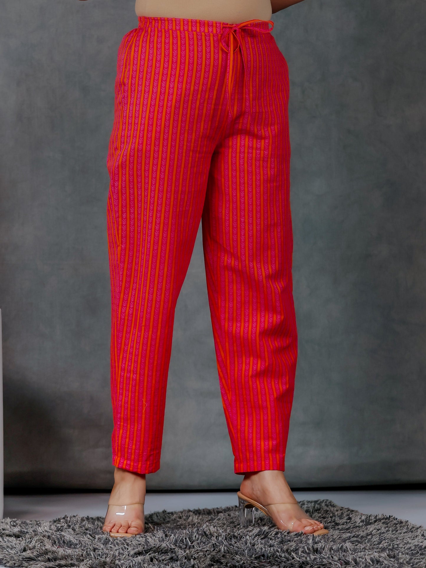 Soft Cotton Geometric Pink Tapered Trousers