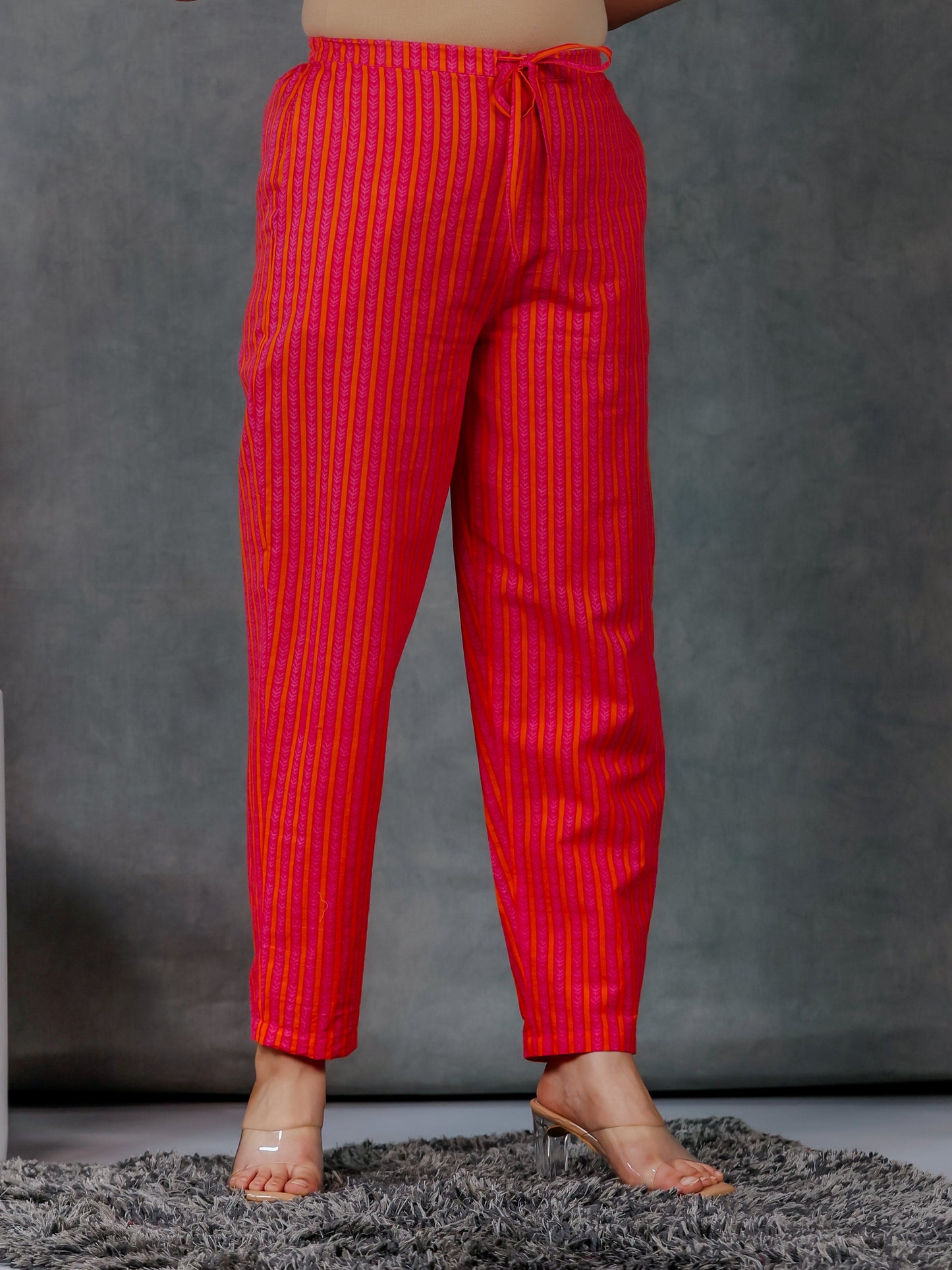 Soft Cotton Geometric Pink Tapered Trousers