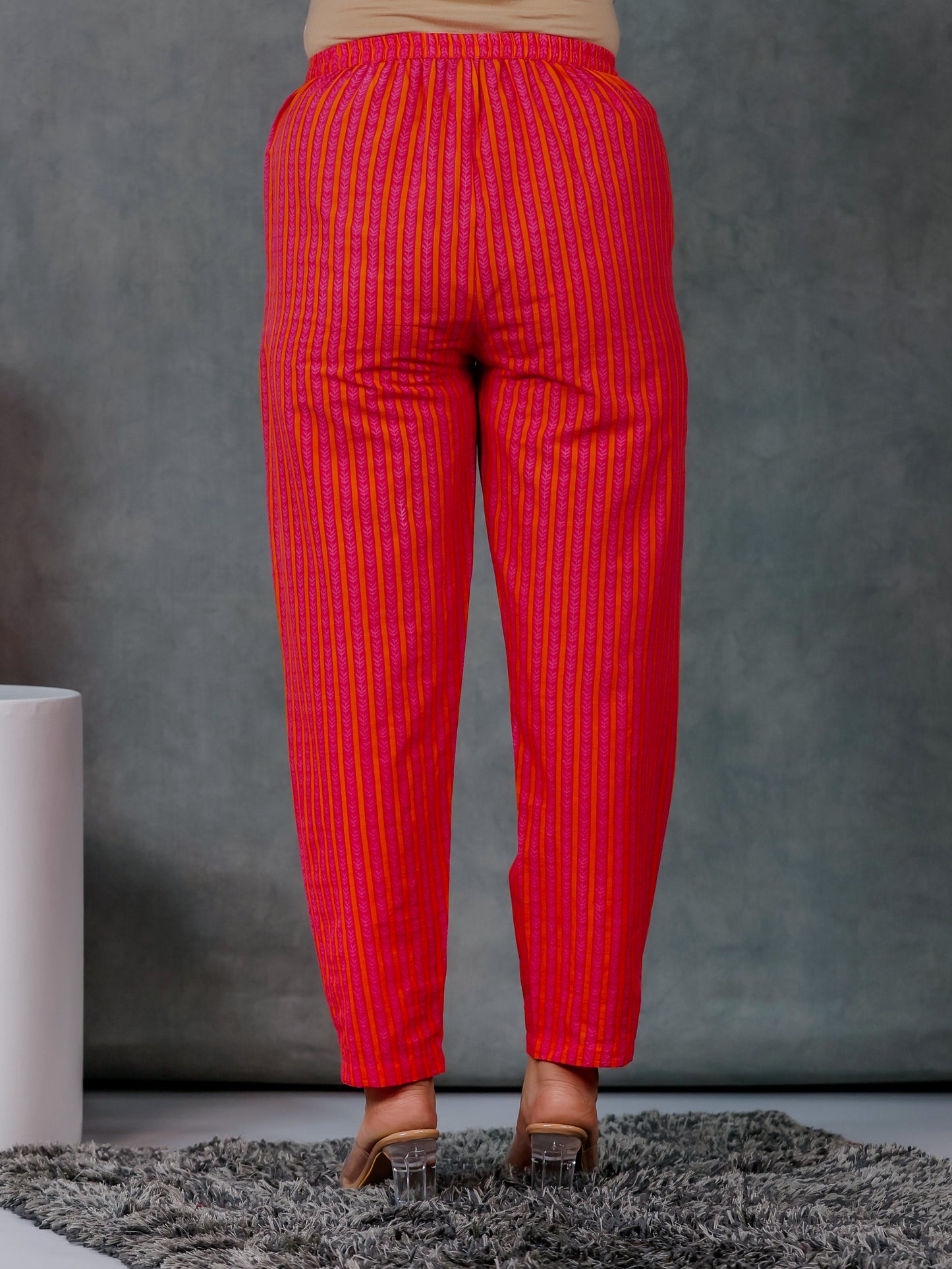 Soft Cotton Geometric Pink Tapered Trousers