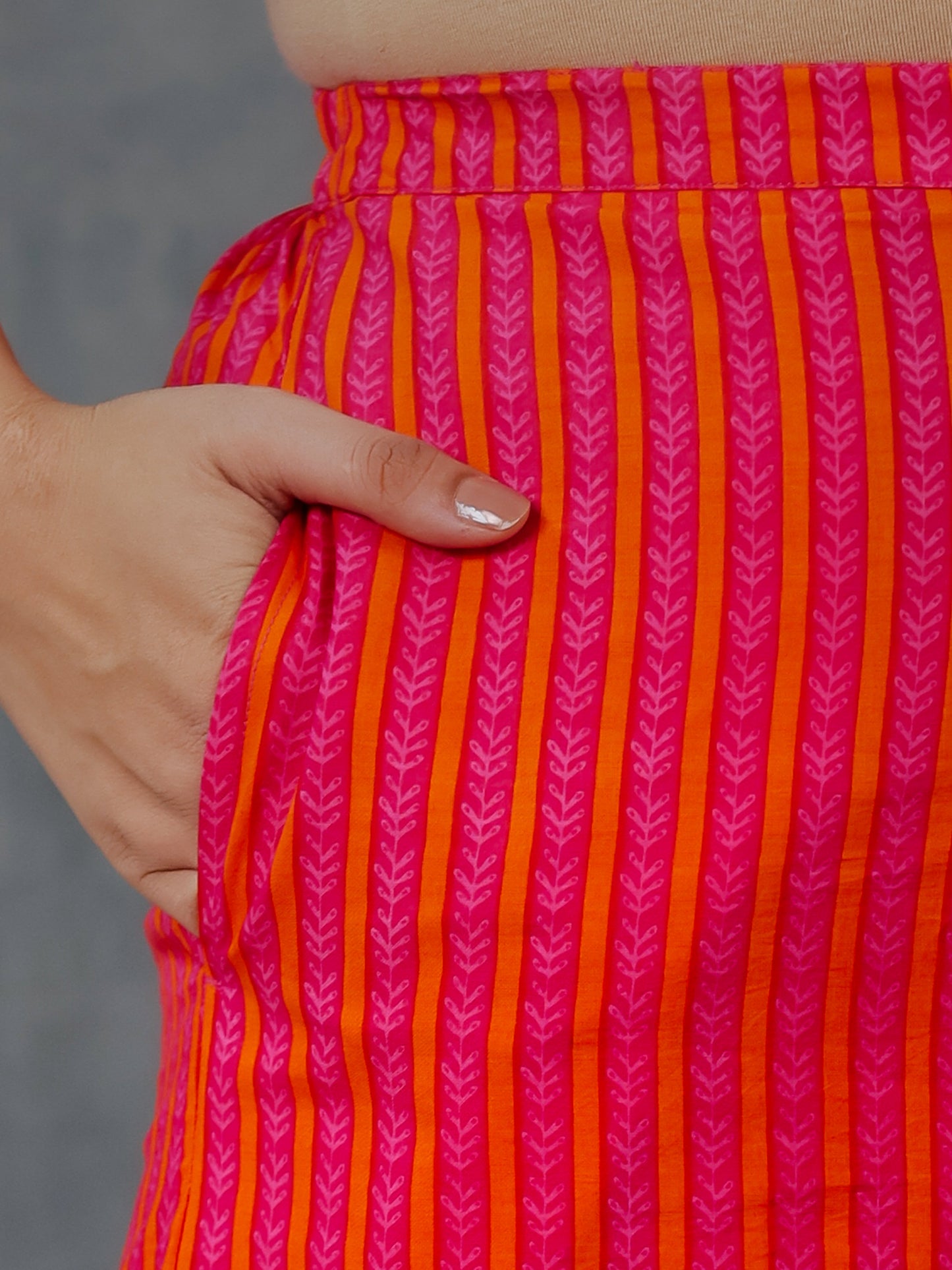 Soft Cotton Geometric Pink Tapered Trousers