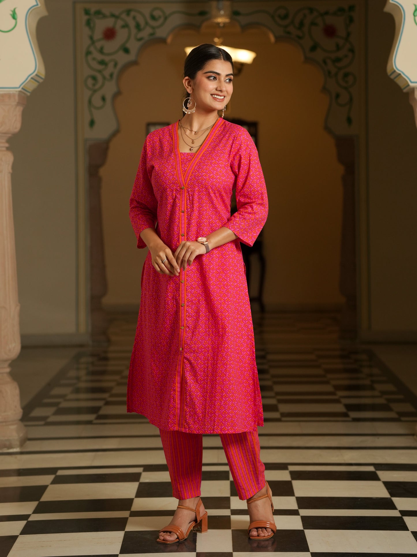 Soft Cotton Geometric A-line Pink Kurta