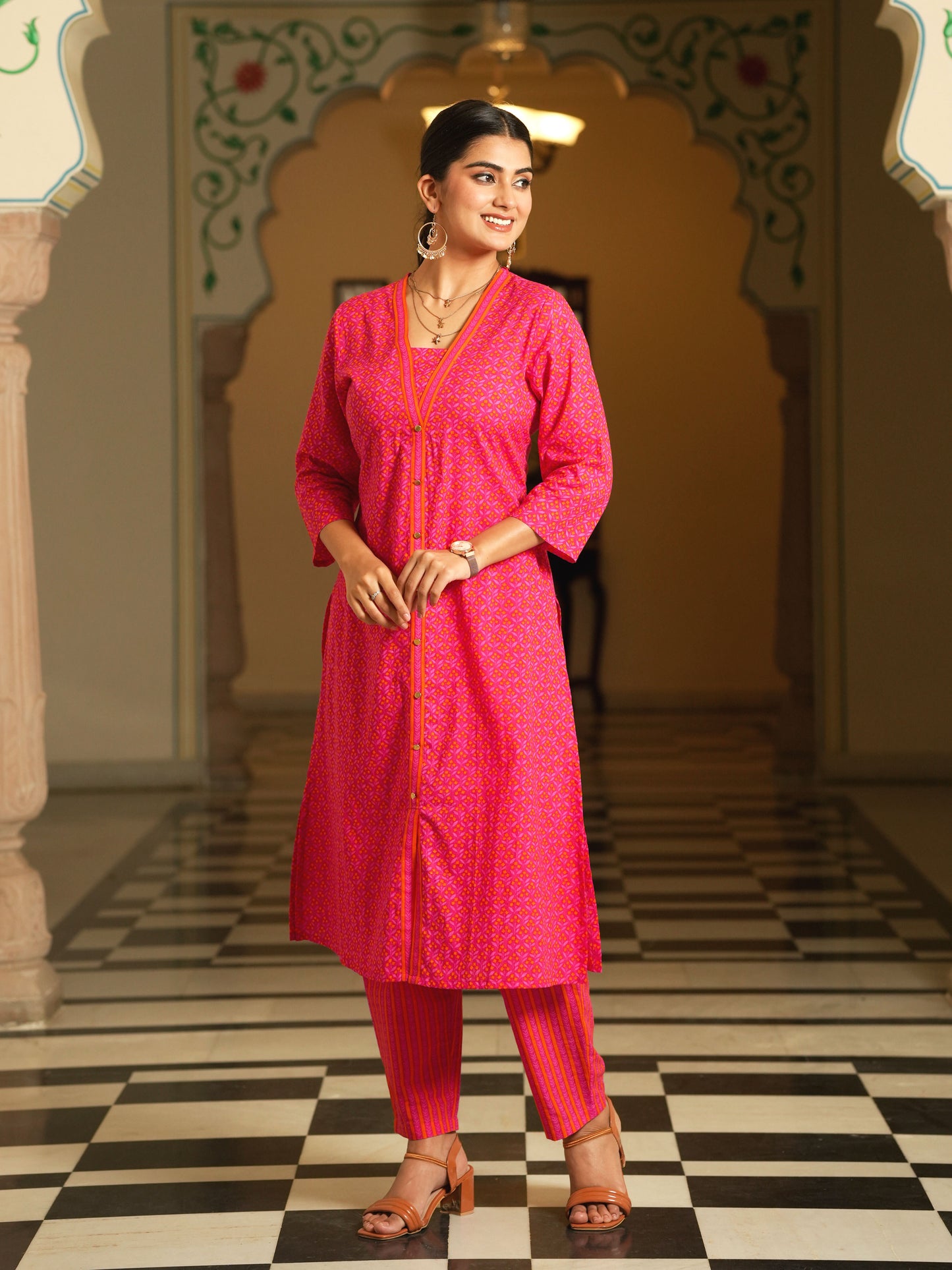 Soft Cotton Geometric A-line Pink Kurta