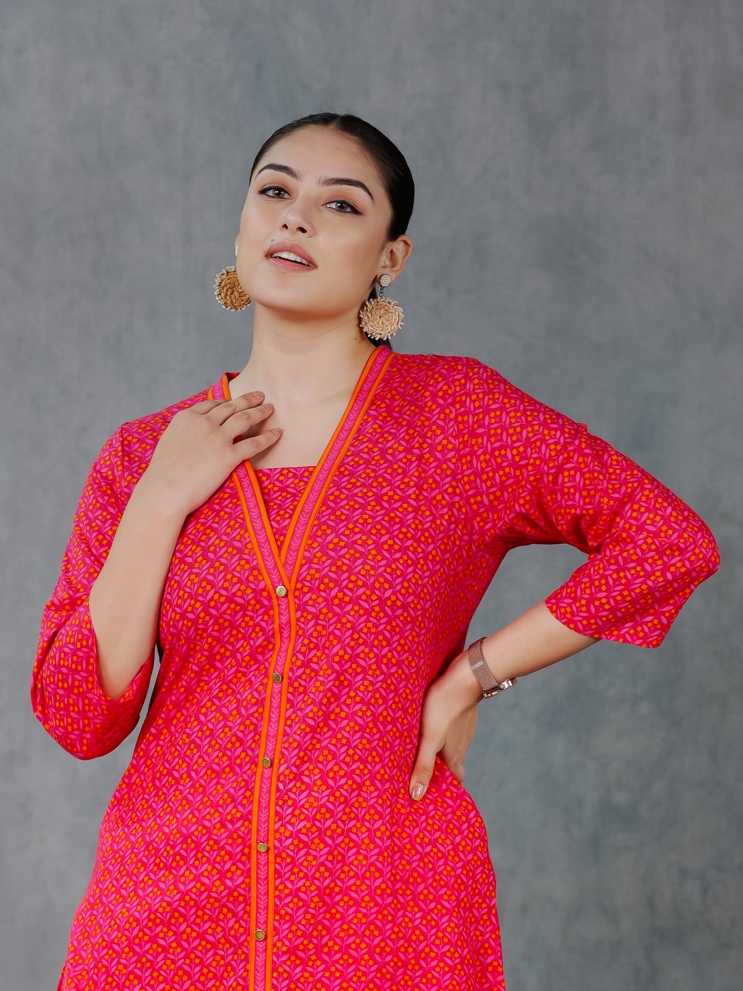 Soft Cotton Geometric A-line Pink Kurta