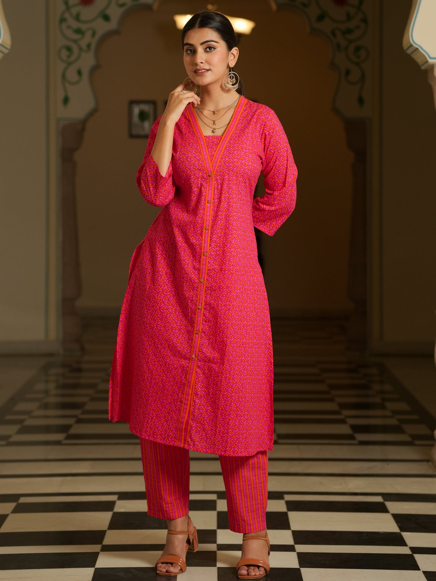 Soft Cotton Geometric A-line Pink Kurta