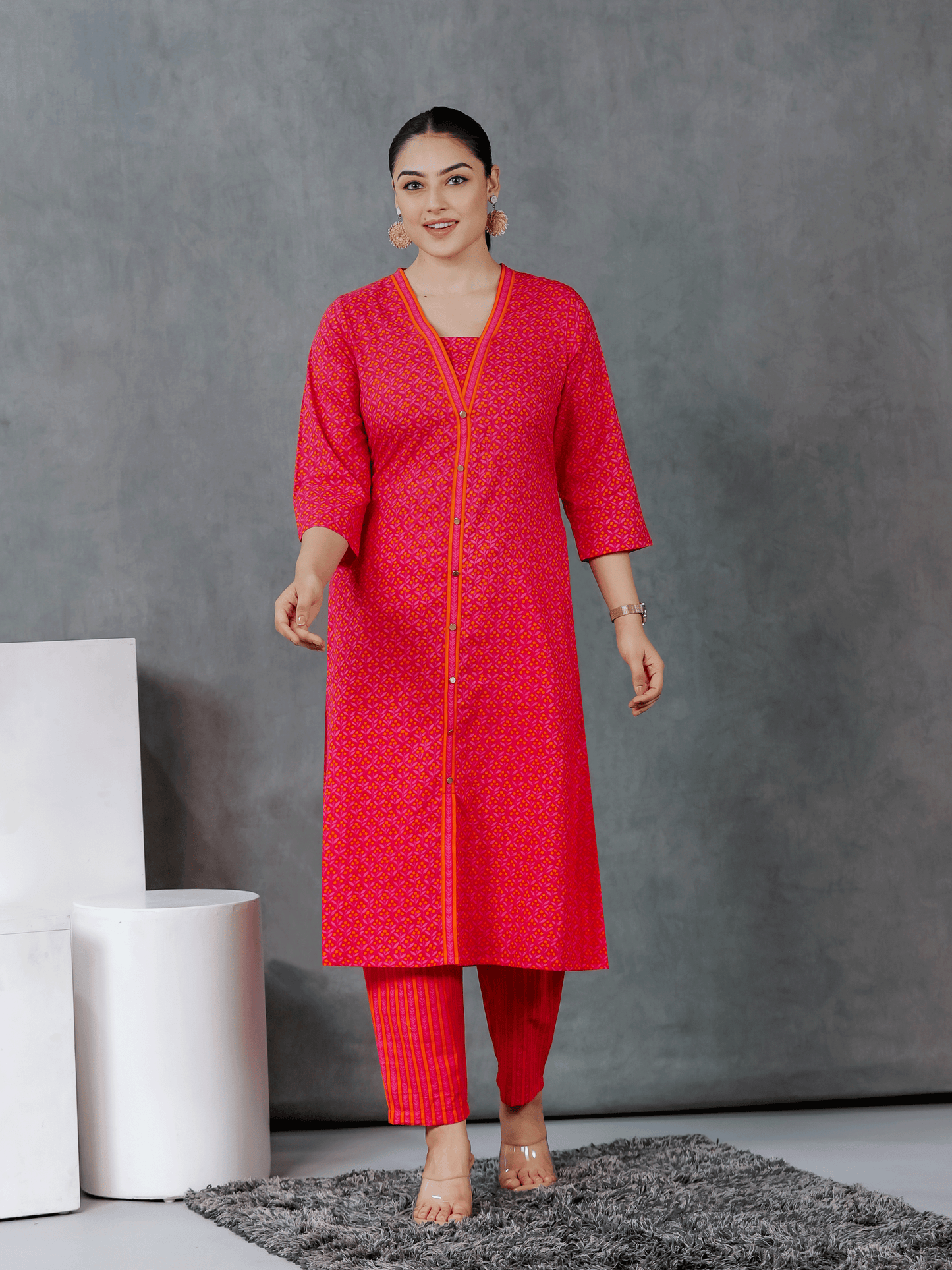 Soft Cotton Geometric A-line Pink Kurta