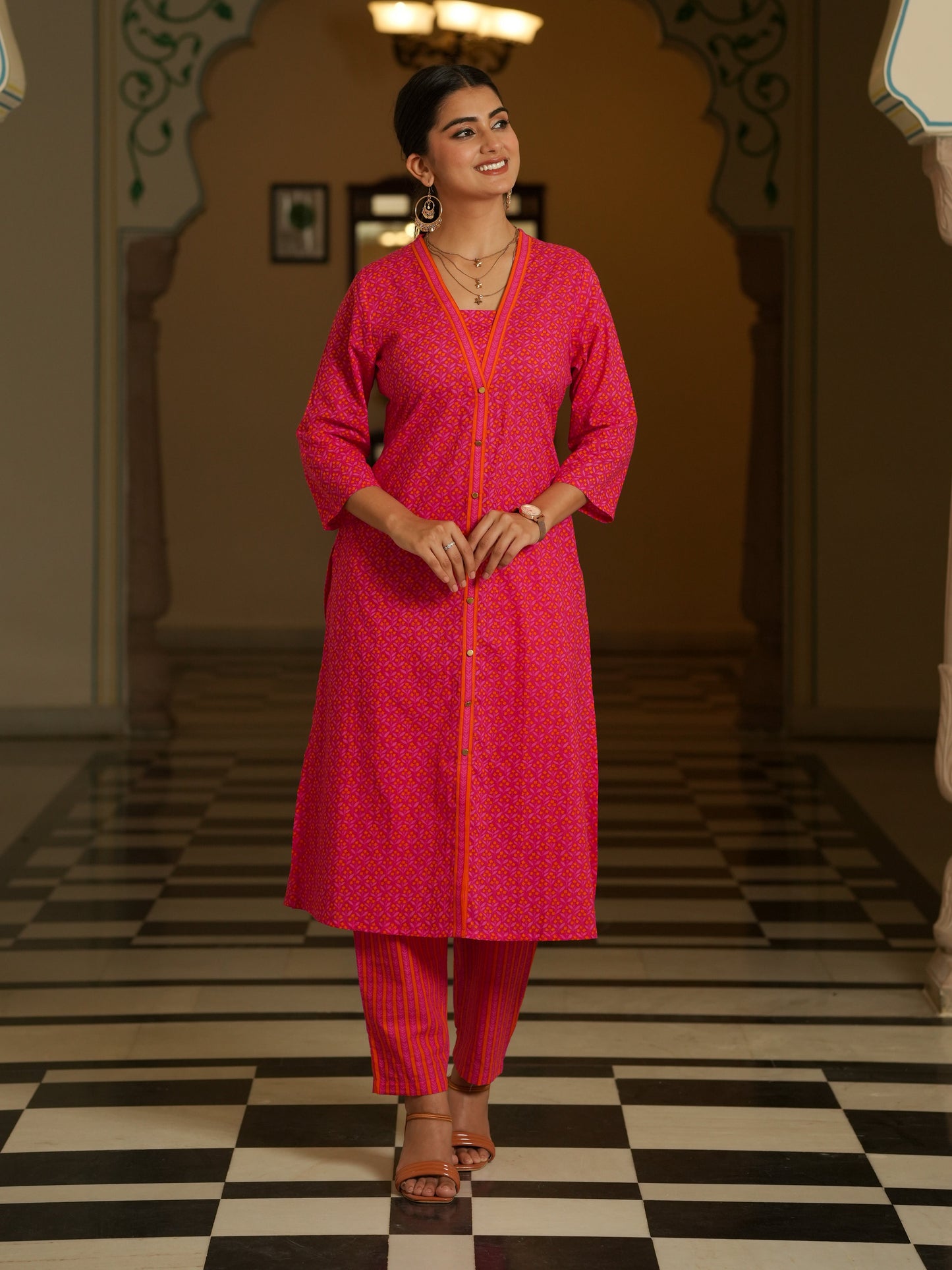 Soft Cotton Geometric A-line Pink Kurta