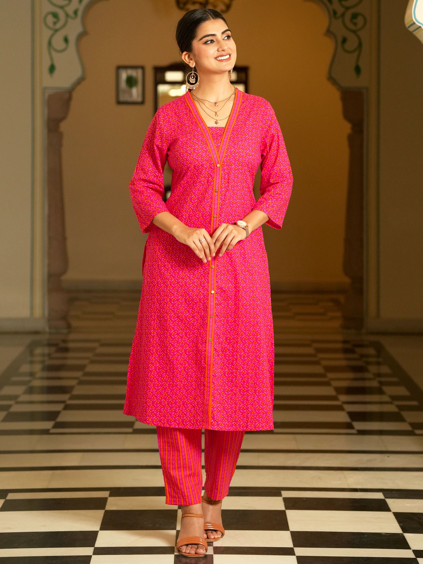 Soft Cotton Geometric A-line Pink Kurta