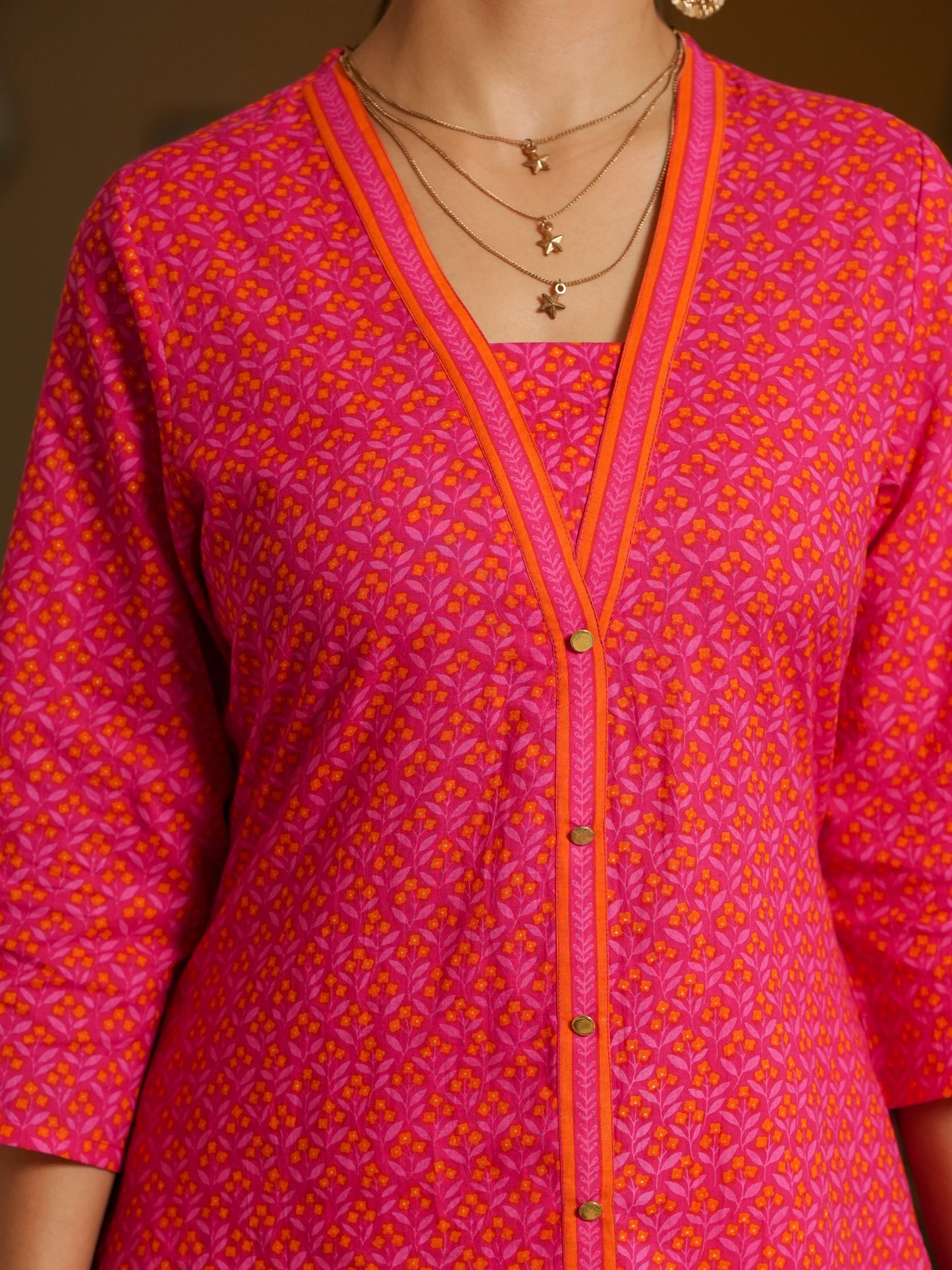 Soft Cotton Geometric A-line Pink Kurta