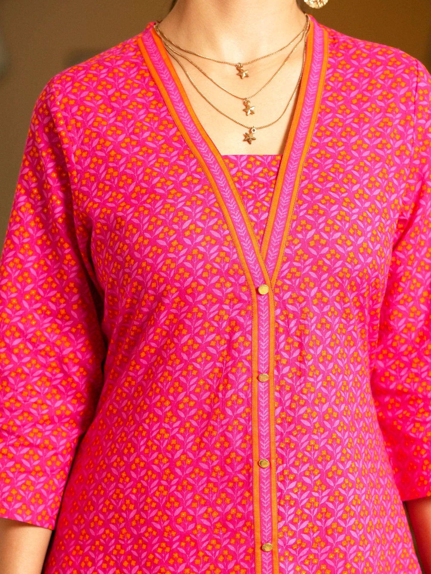 Soft Cotton Geometric A-line Pink Kurta