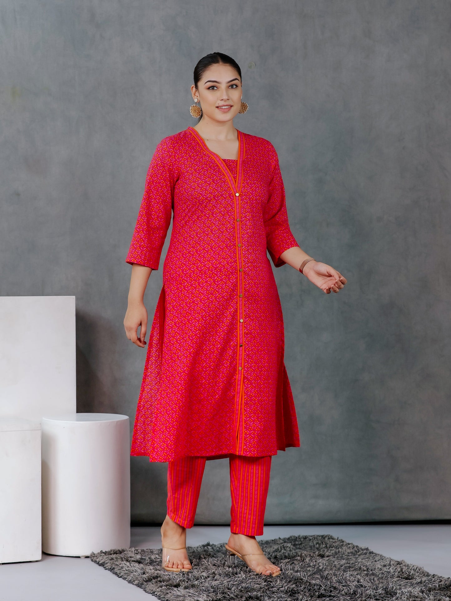 Soft Cotton Geometric A-line Pink Kurta