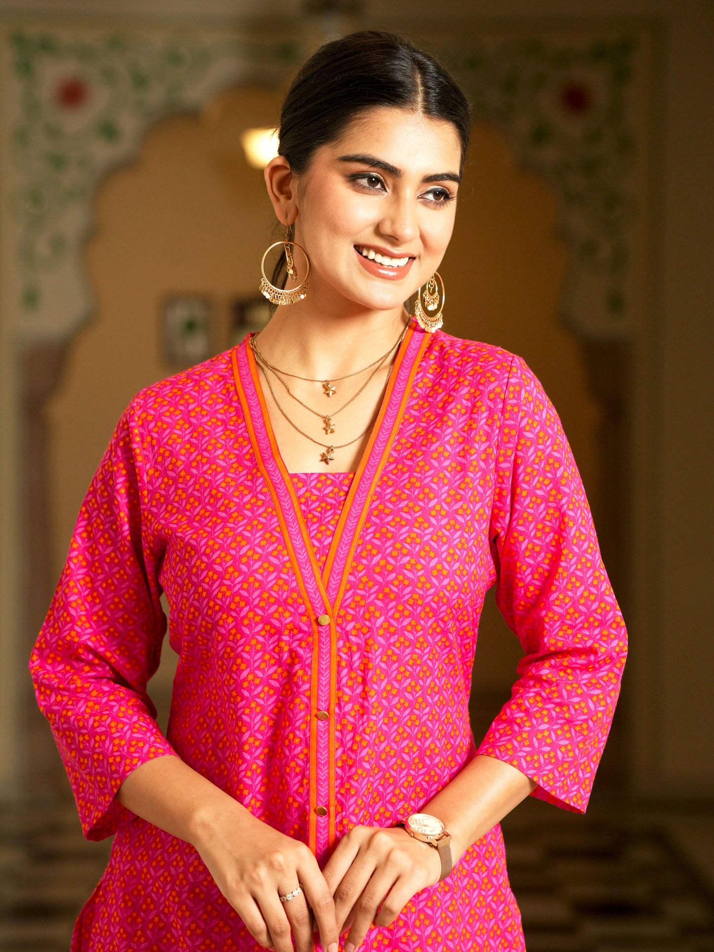 Soft Cotton Geometric A-line Pink Kurta