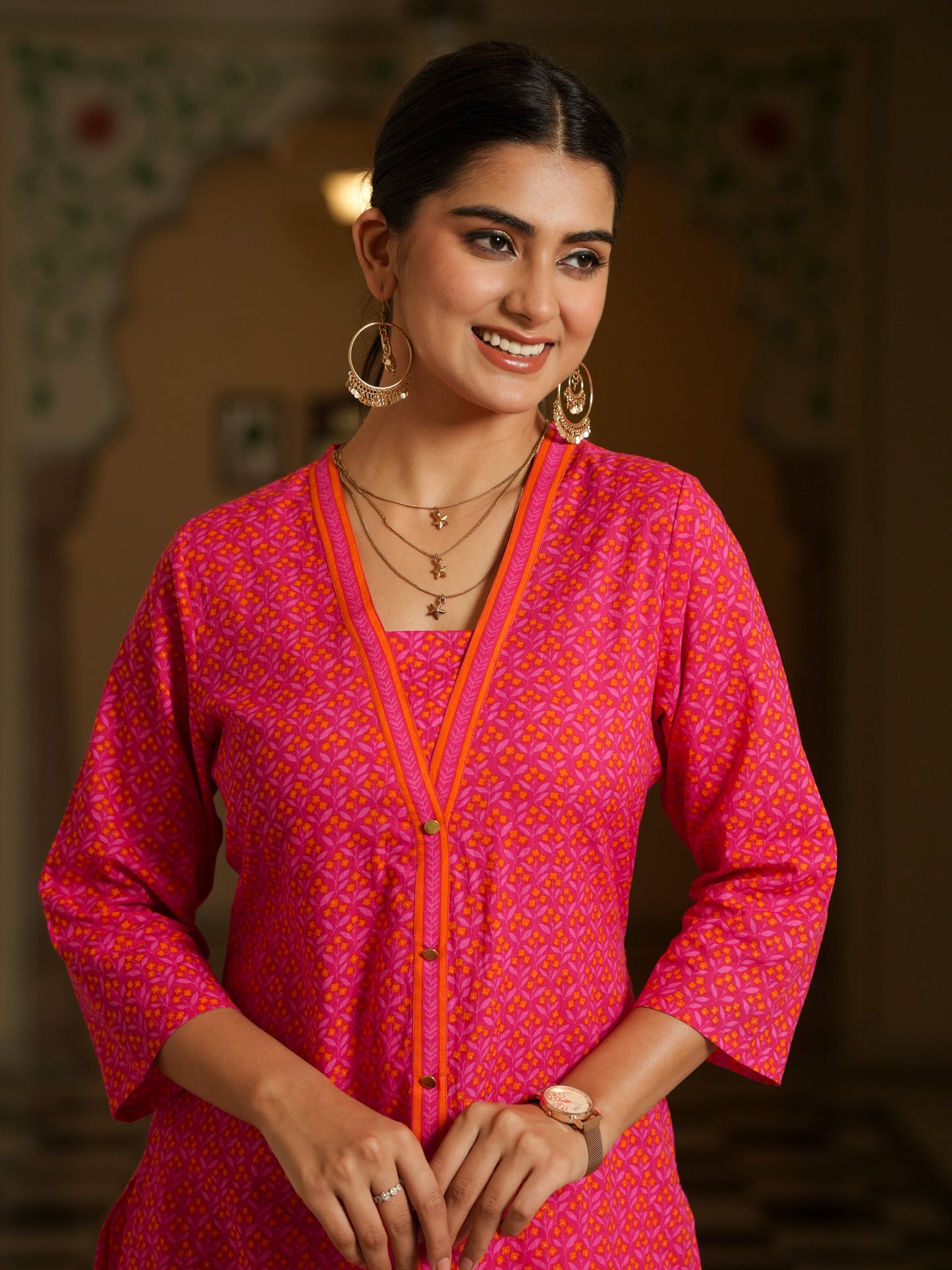 Soft Cotton Geometric A-line Pink Kurta