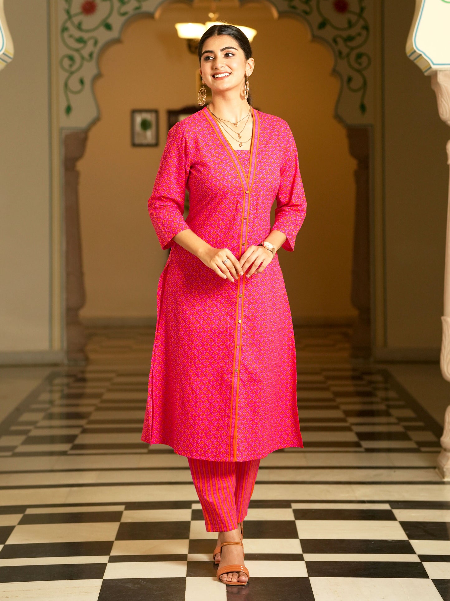 Soft Cotton Geometric A-line Pink Kurta