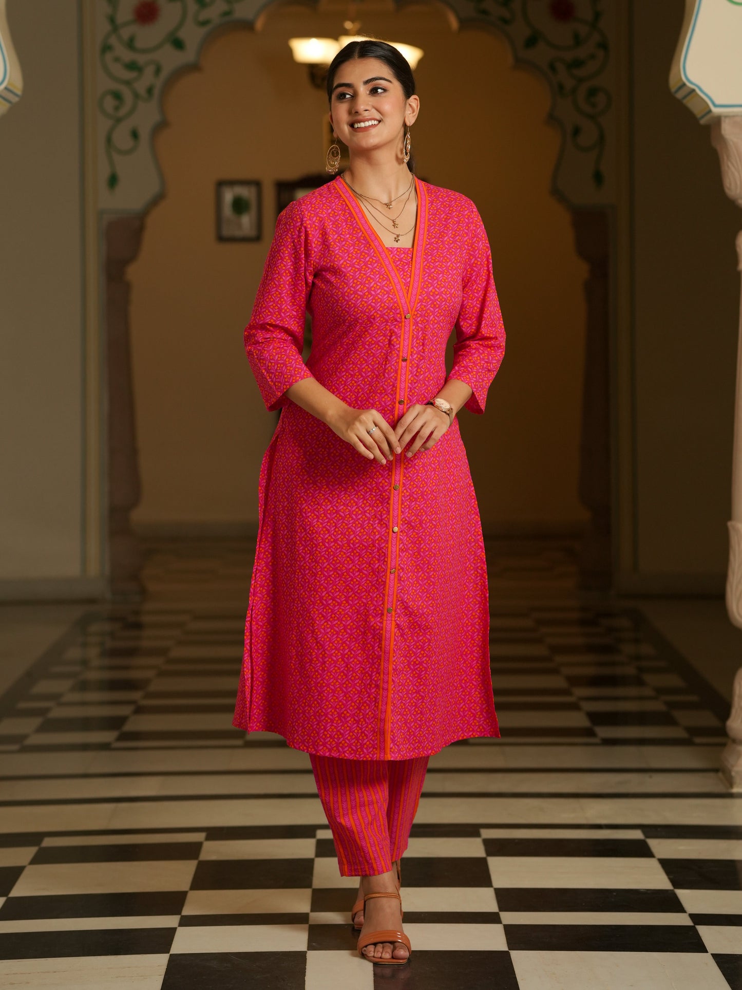 Soft Cotton Geometric A-line Pink Kurta