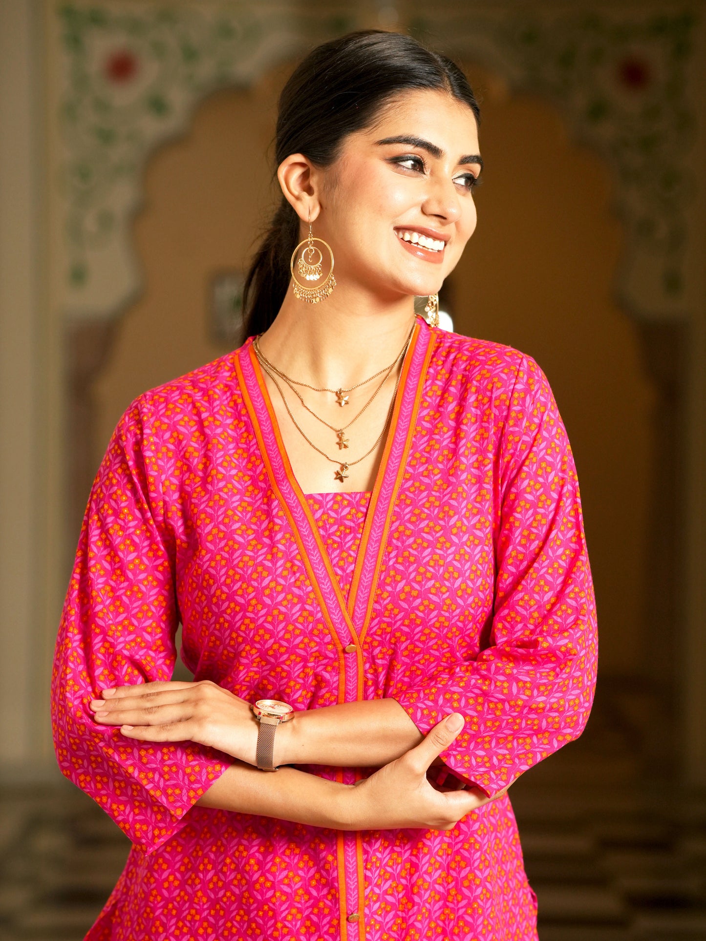 Soft Cotton Geometric A-line Pink Kurta