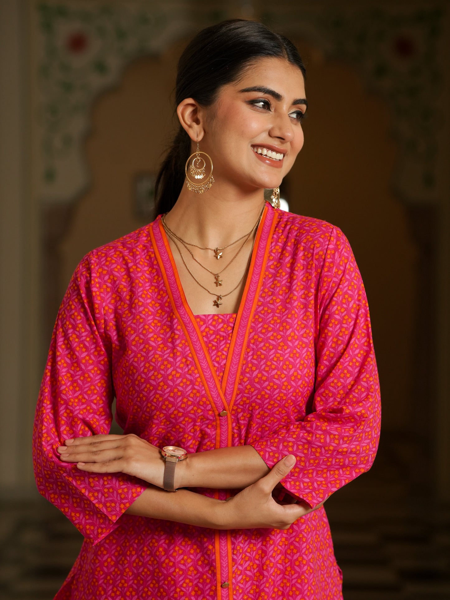 Soft Cotton Geometric A-line Pink Kurta