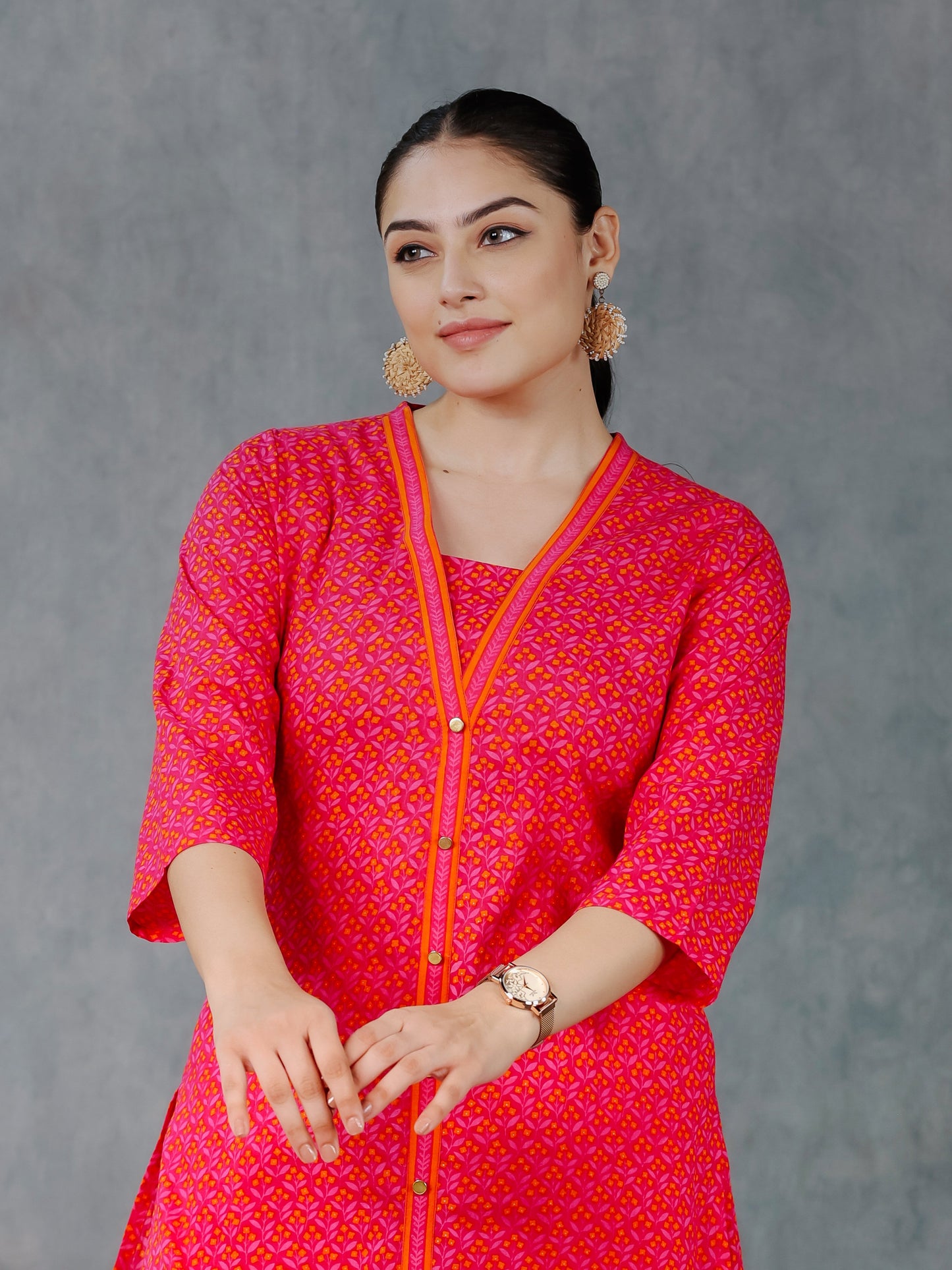 Soft Cotton Geometric A-line Pink Kurta