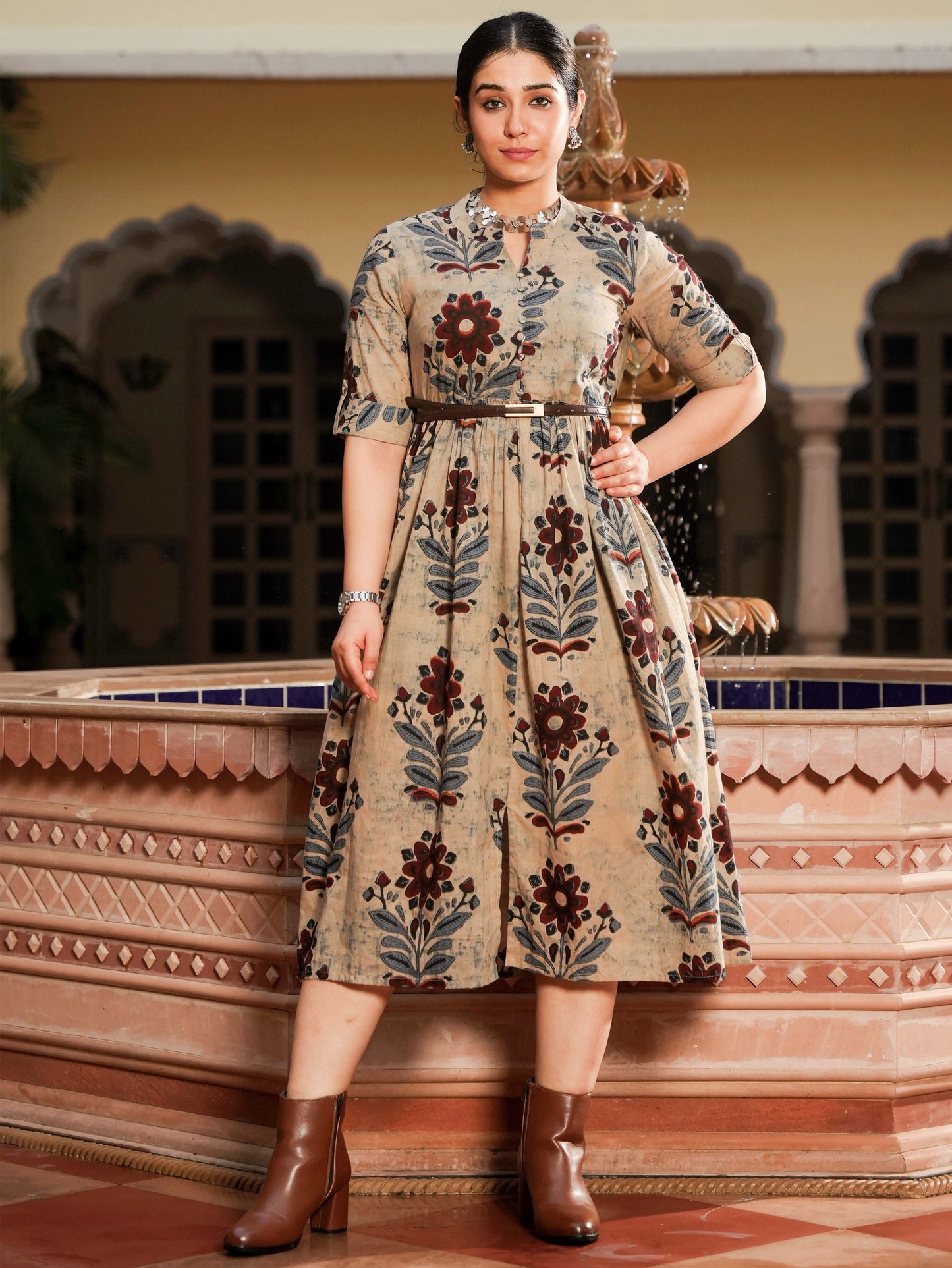 Soft Cotton Floral Flared Grey Dress