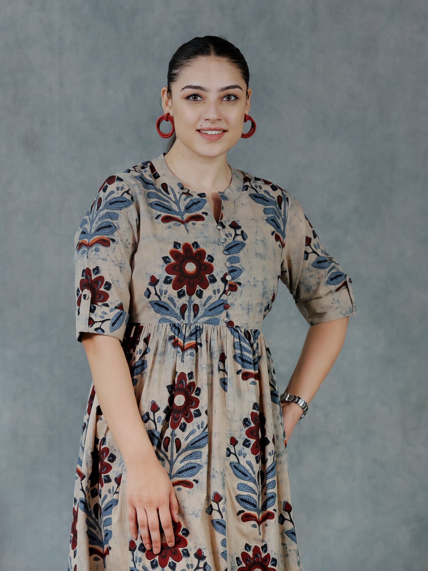 Soft Cotton Floral Flared Grey Dress