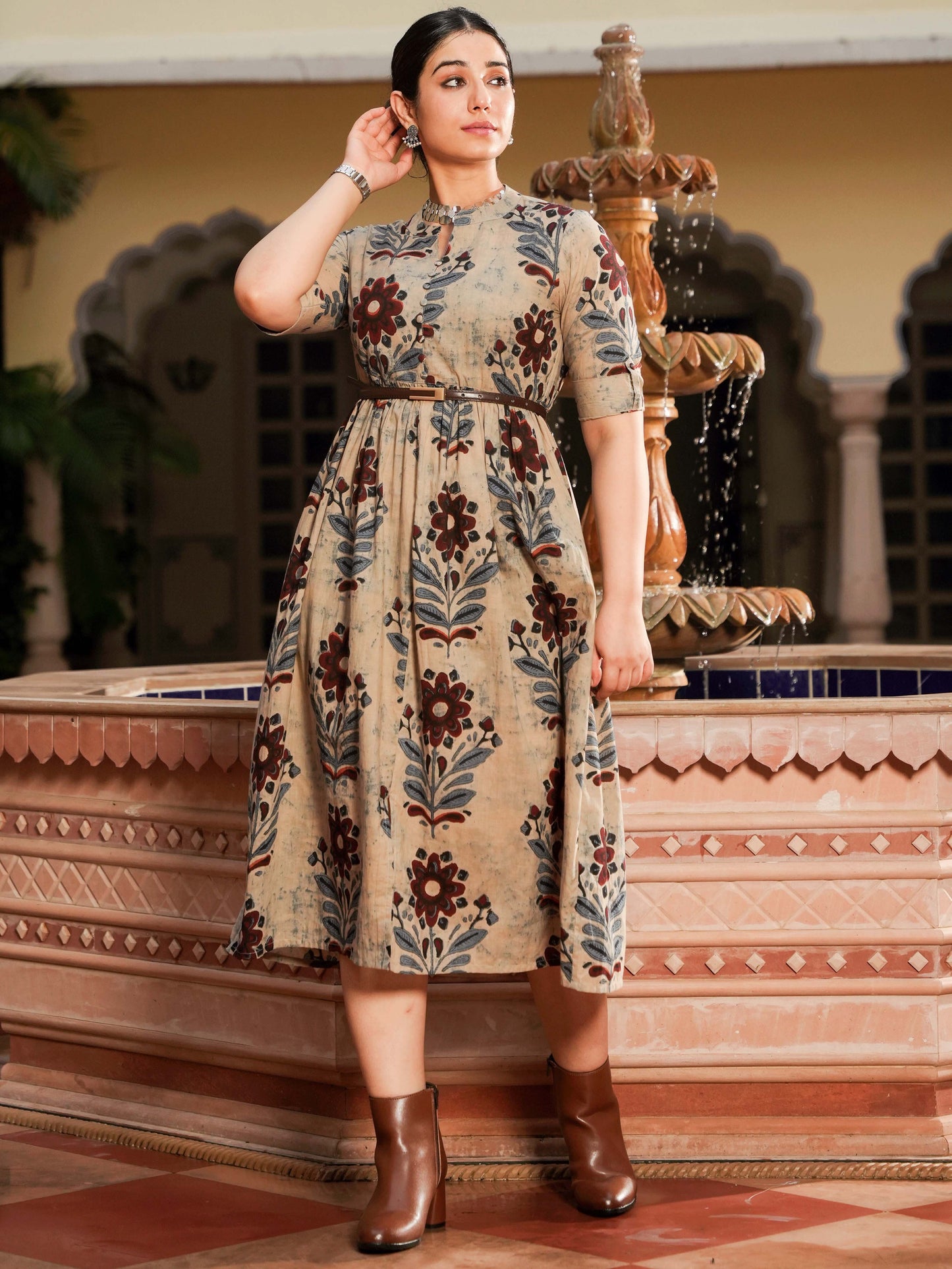 Soft Cotton Floral Flared Grey Dress
