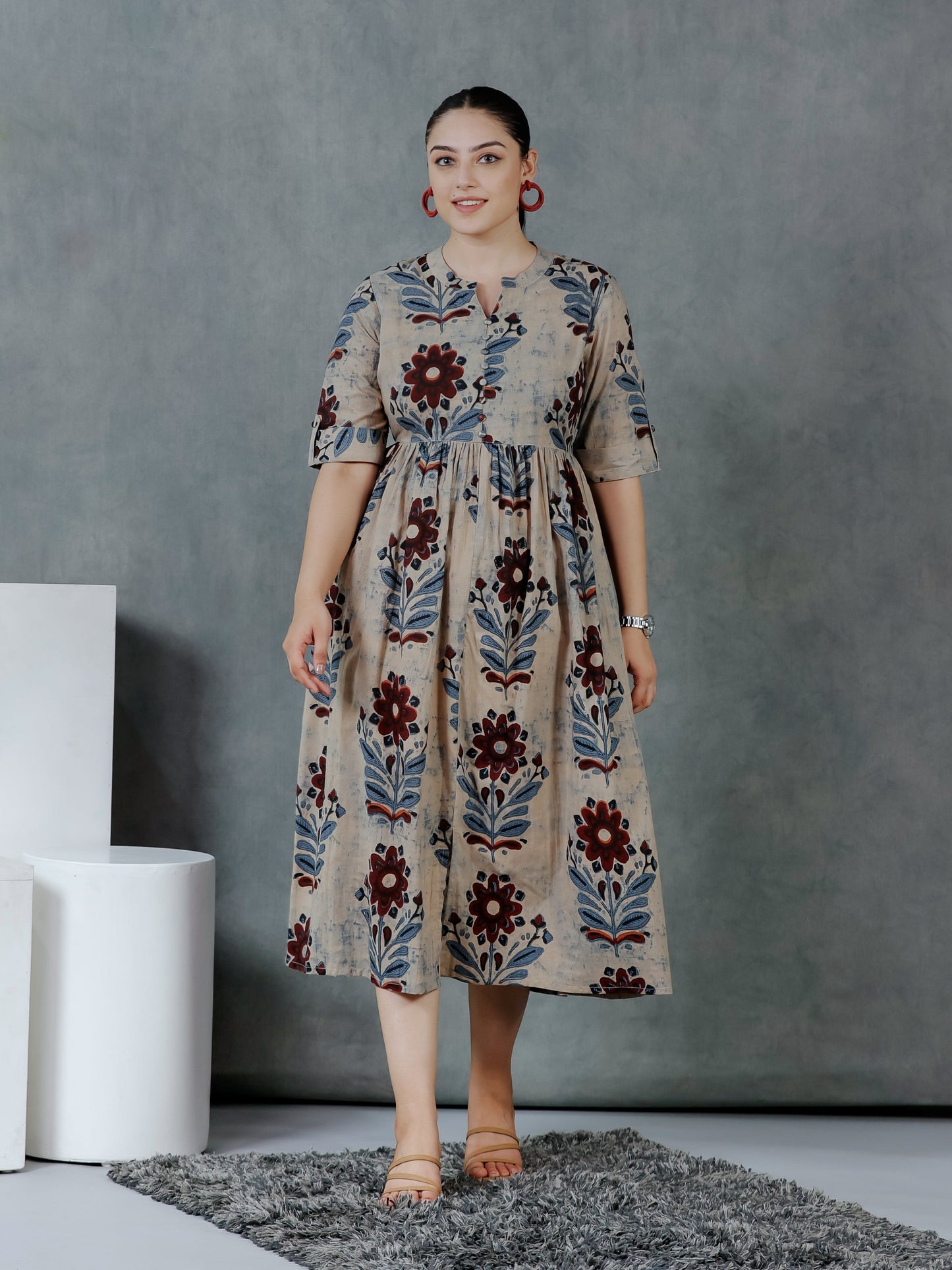 Soft Cotton Floral Flared Grey Dress