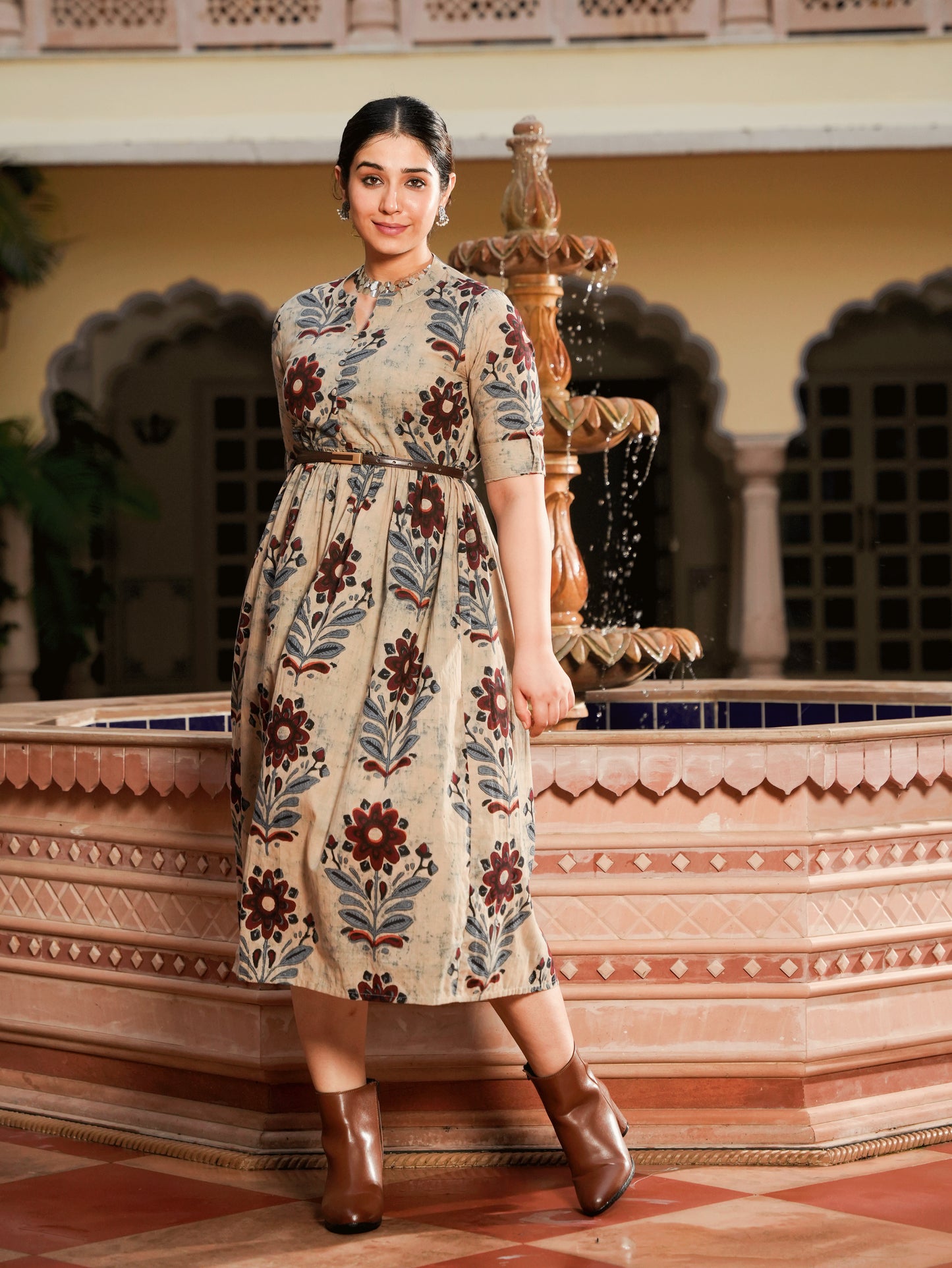 Soft Cotton Floral Flared Grey Dress