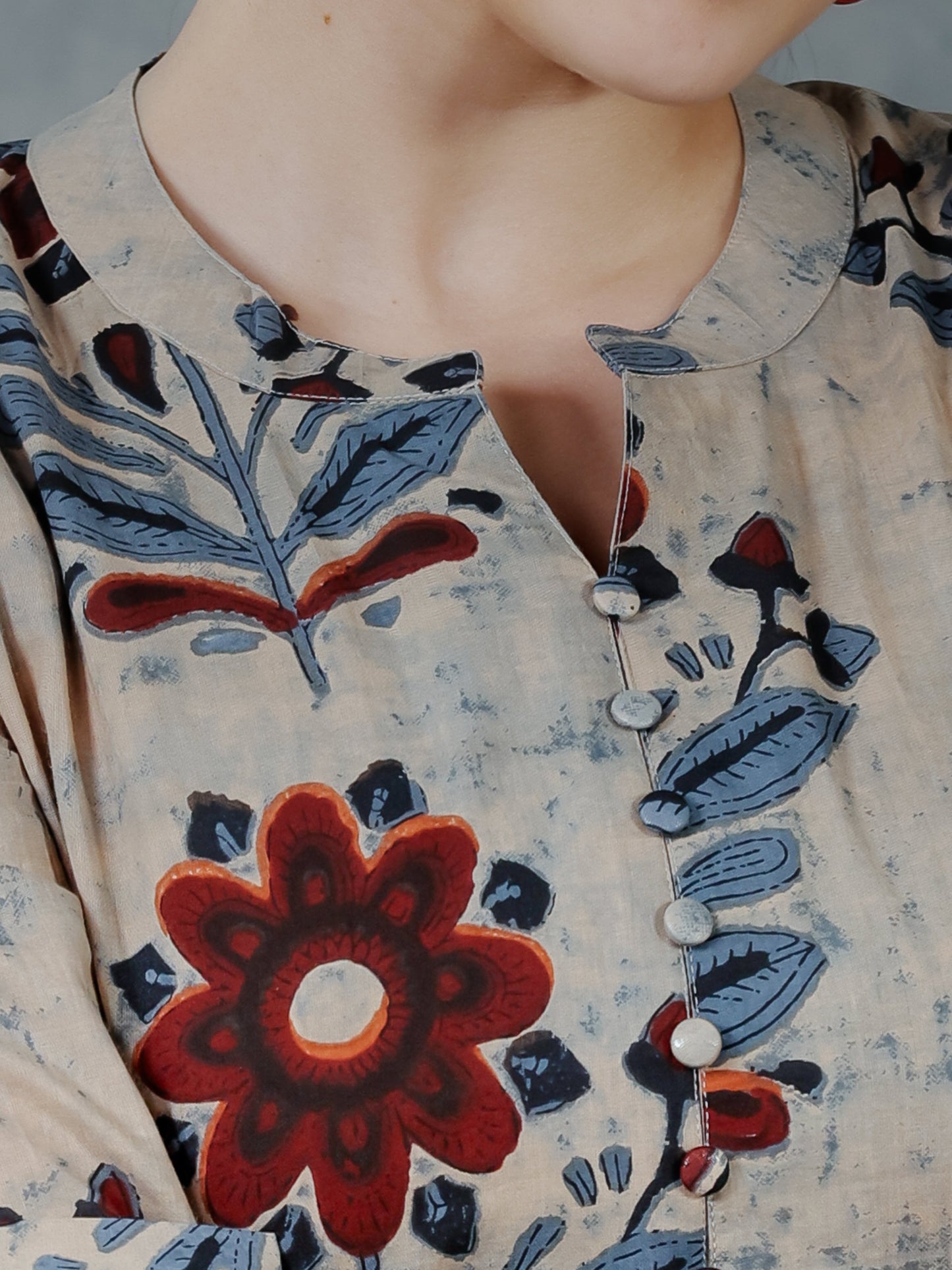 Soft Cotton Floral Flared Grey Dress