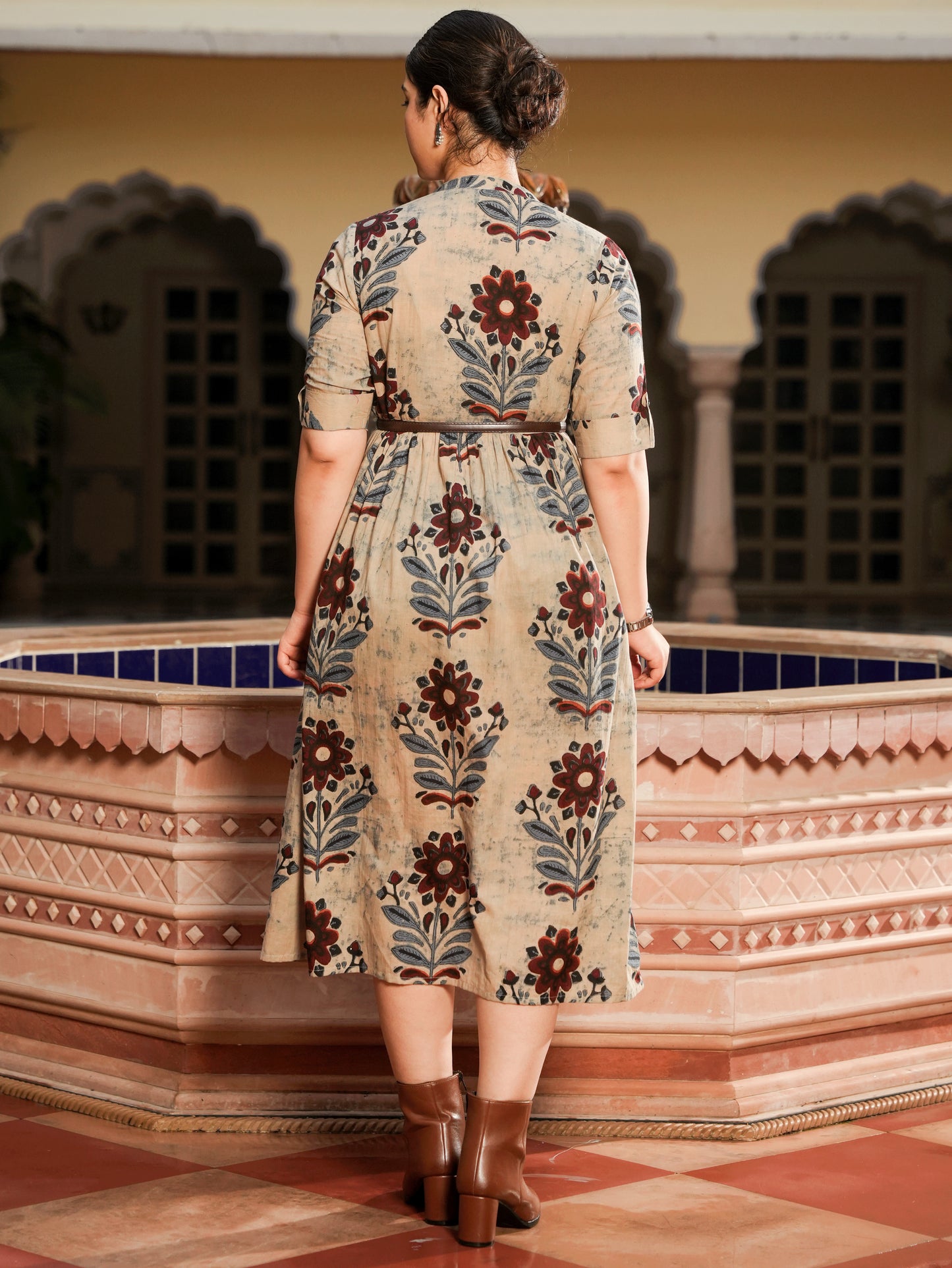 Soft Cotton Floral Flared Grey Dress