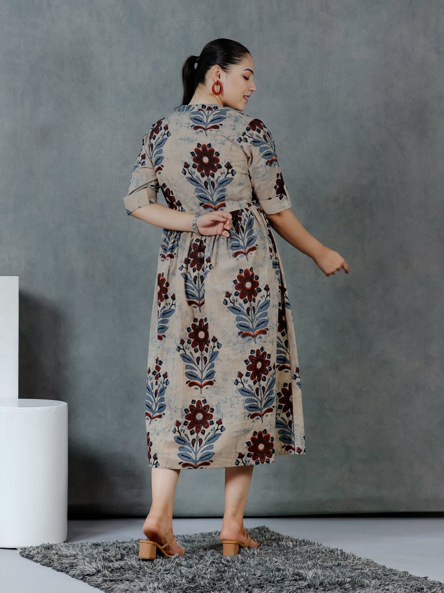 Soft Cotton Floral Flared Grey Dress