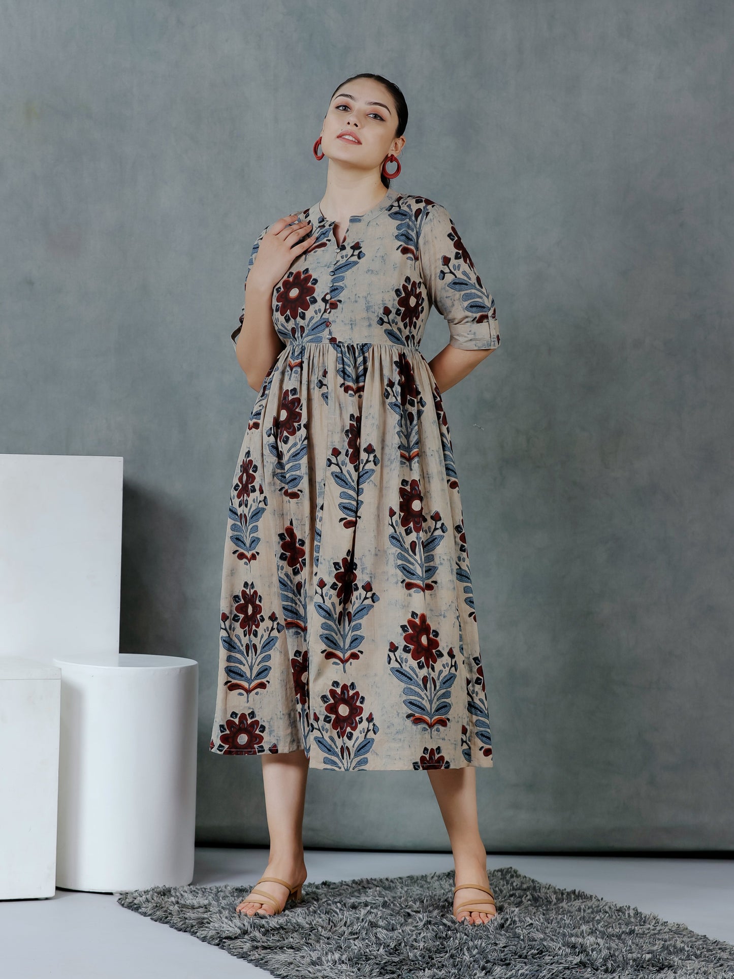 Soft Cotton Floral Flared Grey Dress