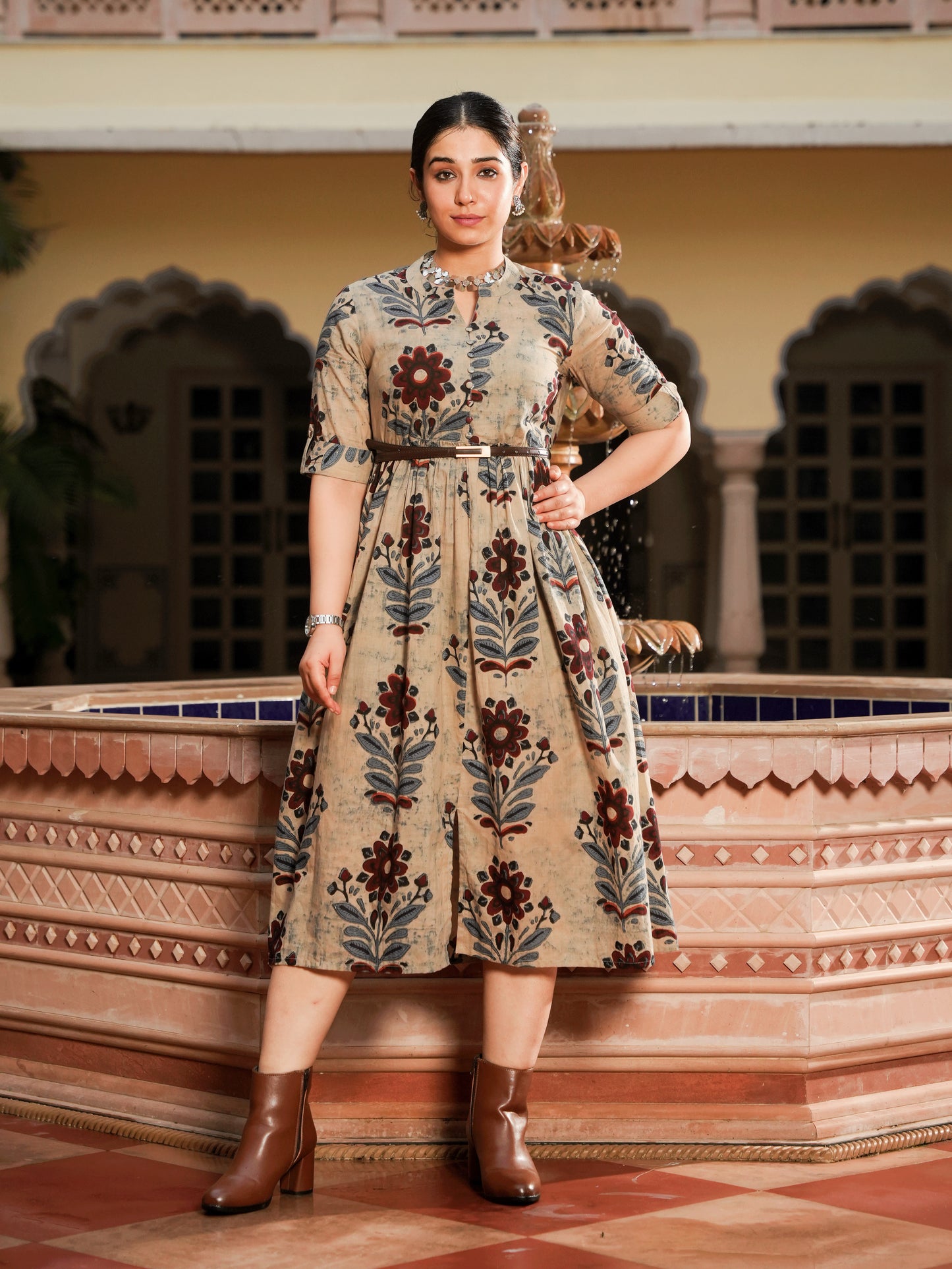 Soft Cotton Floral Flared Grey Dress
